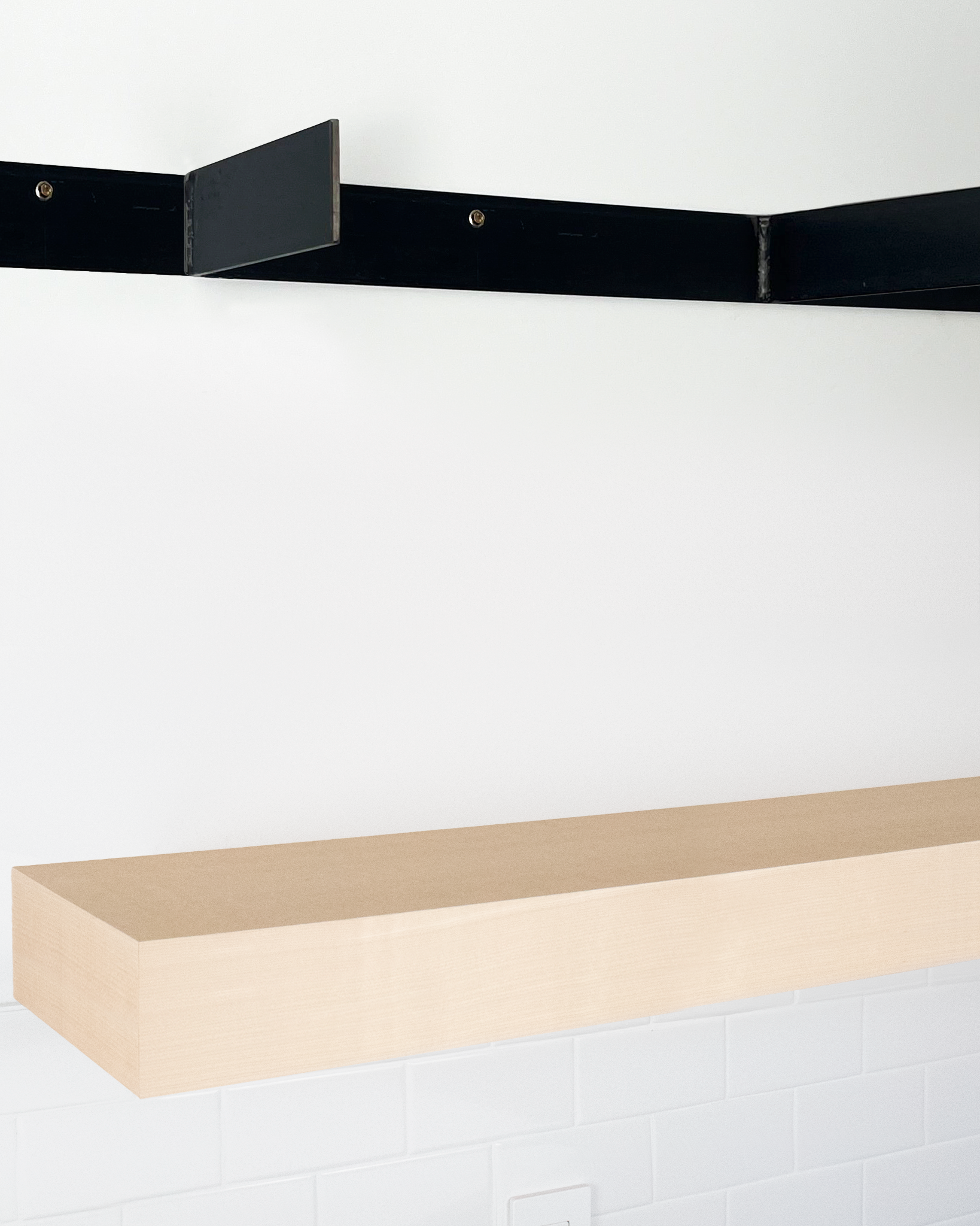 MDF floating shelf 4 inch thick angle view installed steel HW top