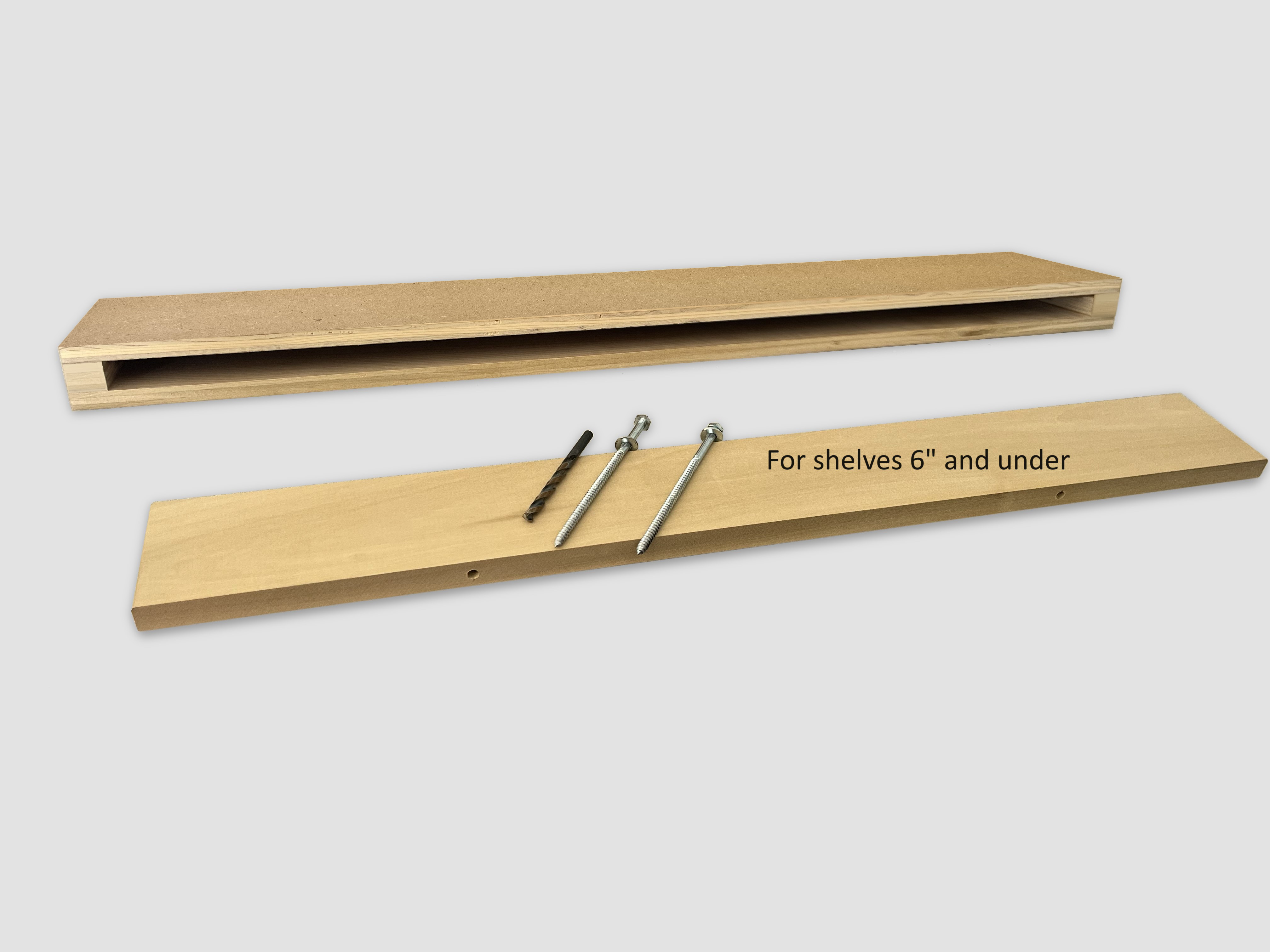 MDF narrow floating shelf view of back edge wood insert support