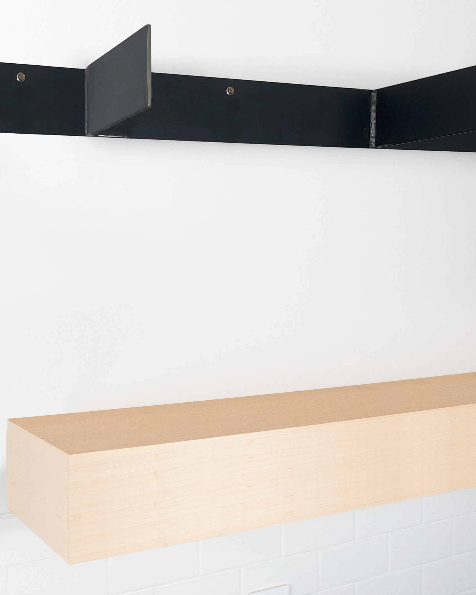 Maple floating shelf 6 inch thick angle view installed steel HW top