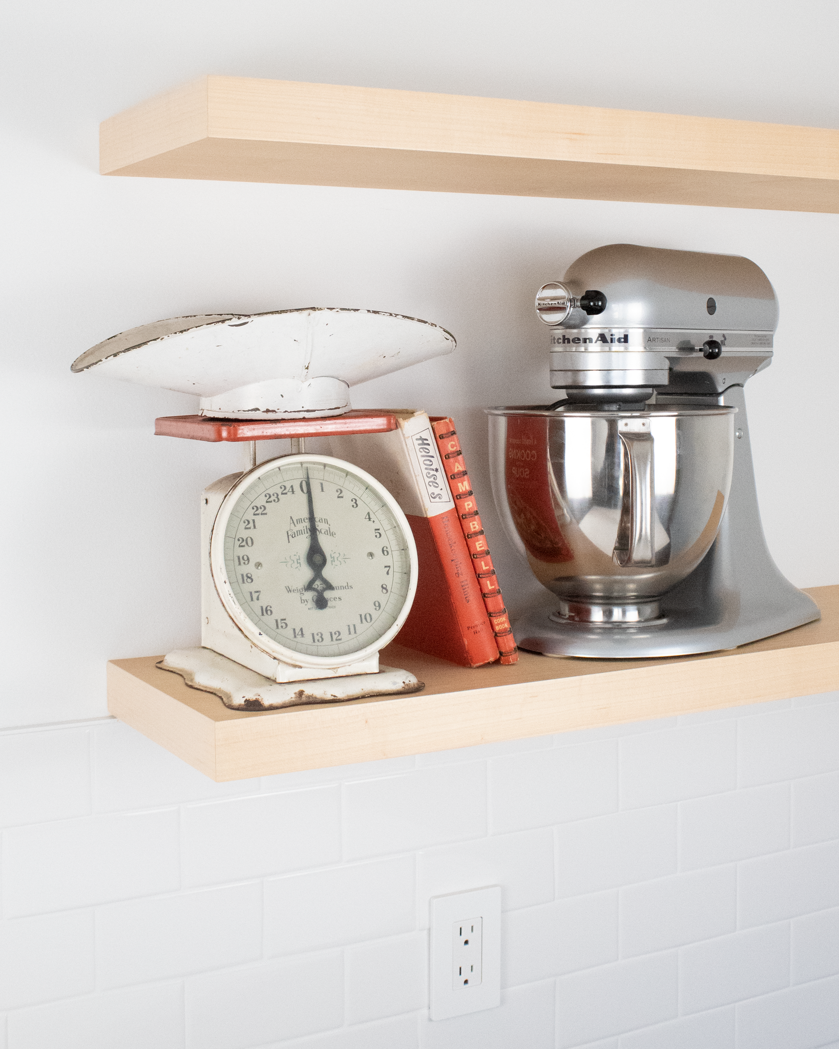 Maple Wood kitchen Floating Shelf 1.75 inch thick with Mixer and scale angle view