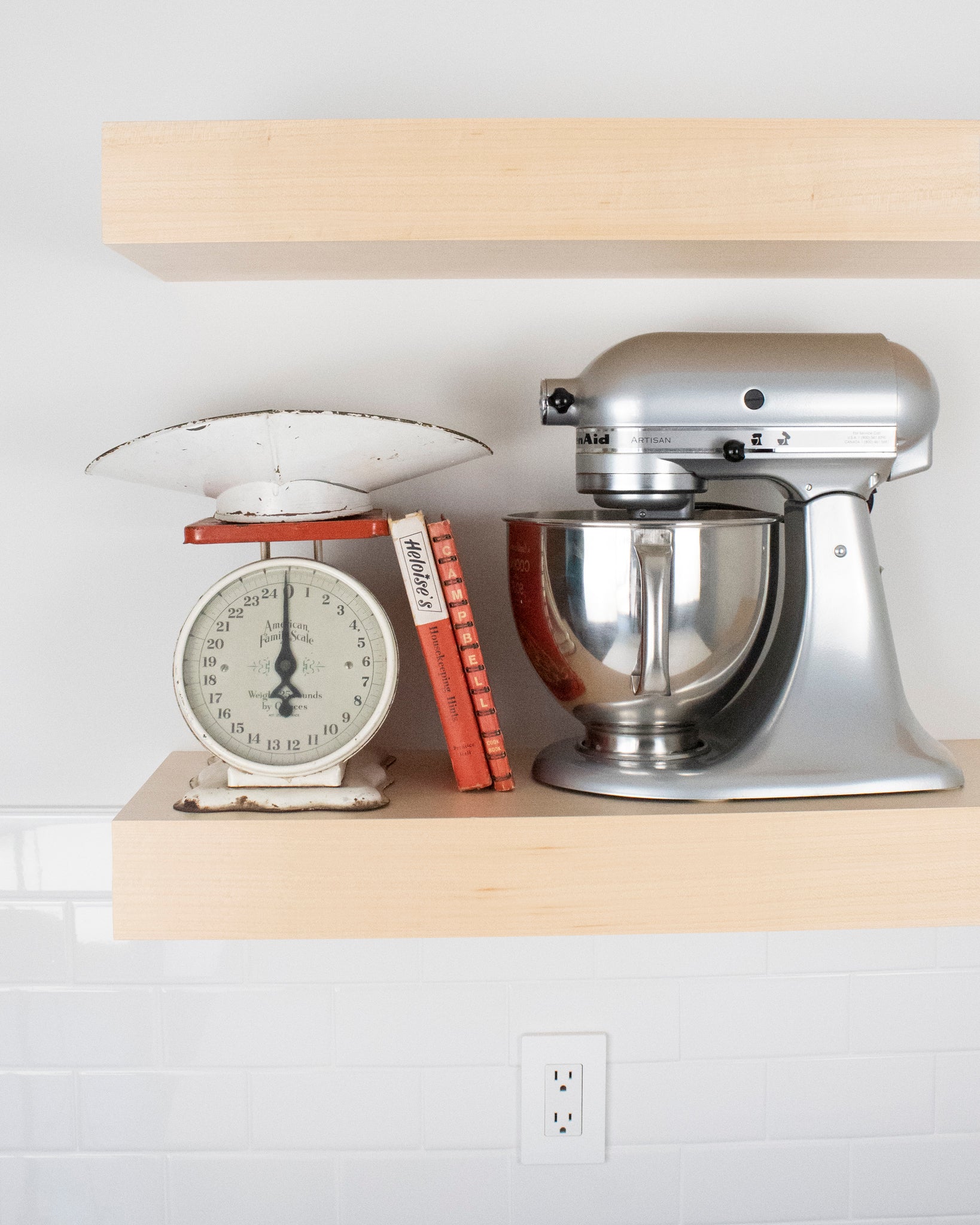 Maple Wood kitchen Floating Shelf 4 inch thick with Mixer and scale front view