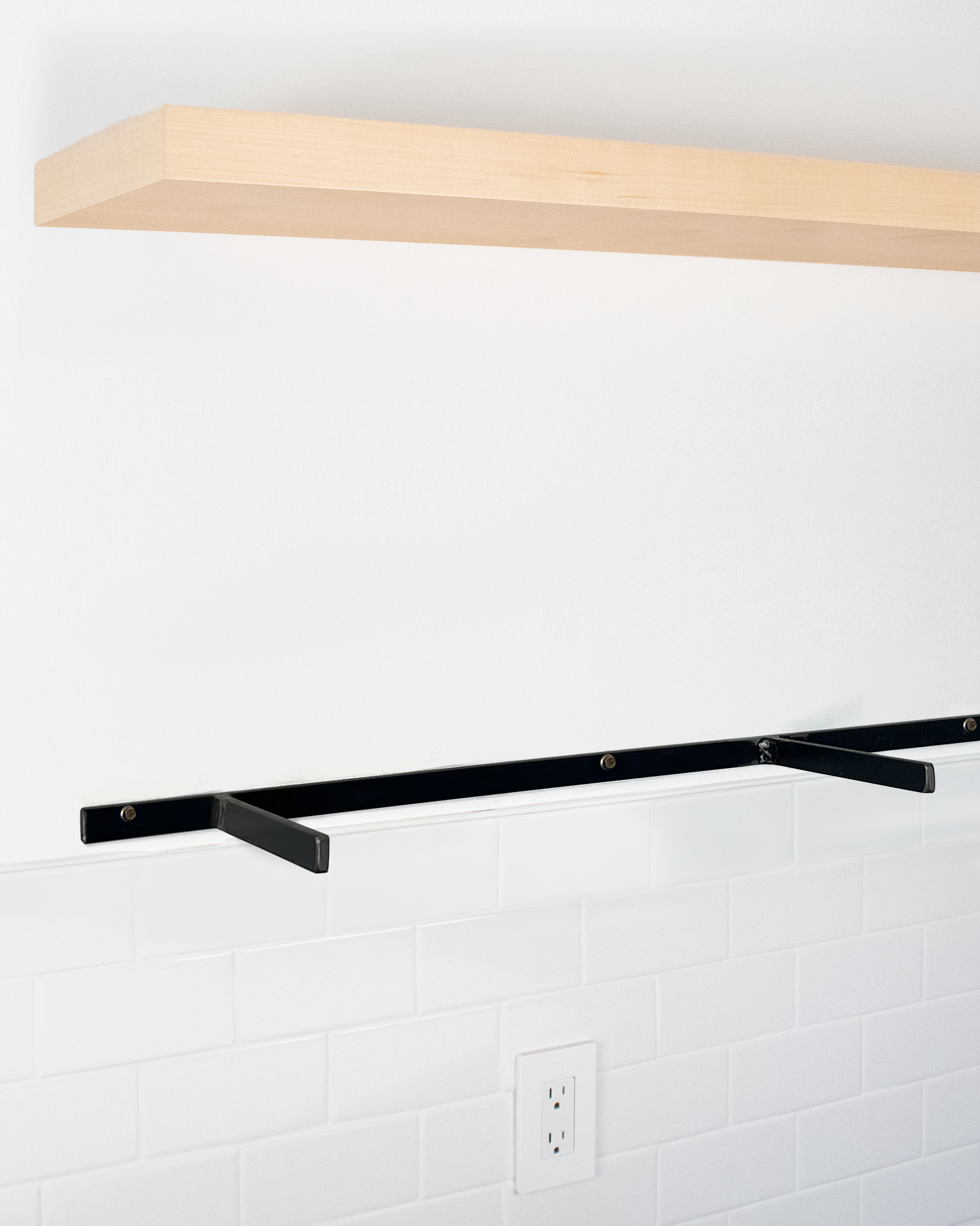 Maple floating shelf 1.75 inch thick angle view installed steel HW