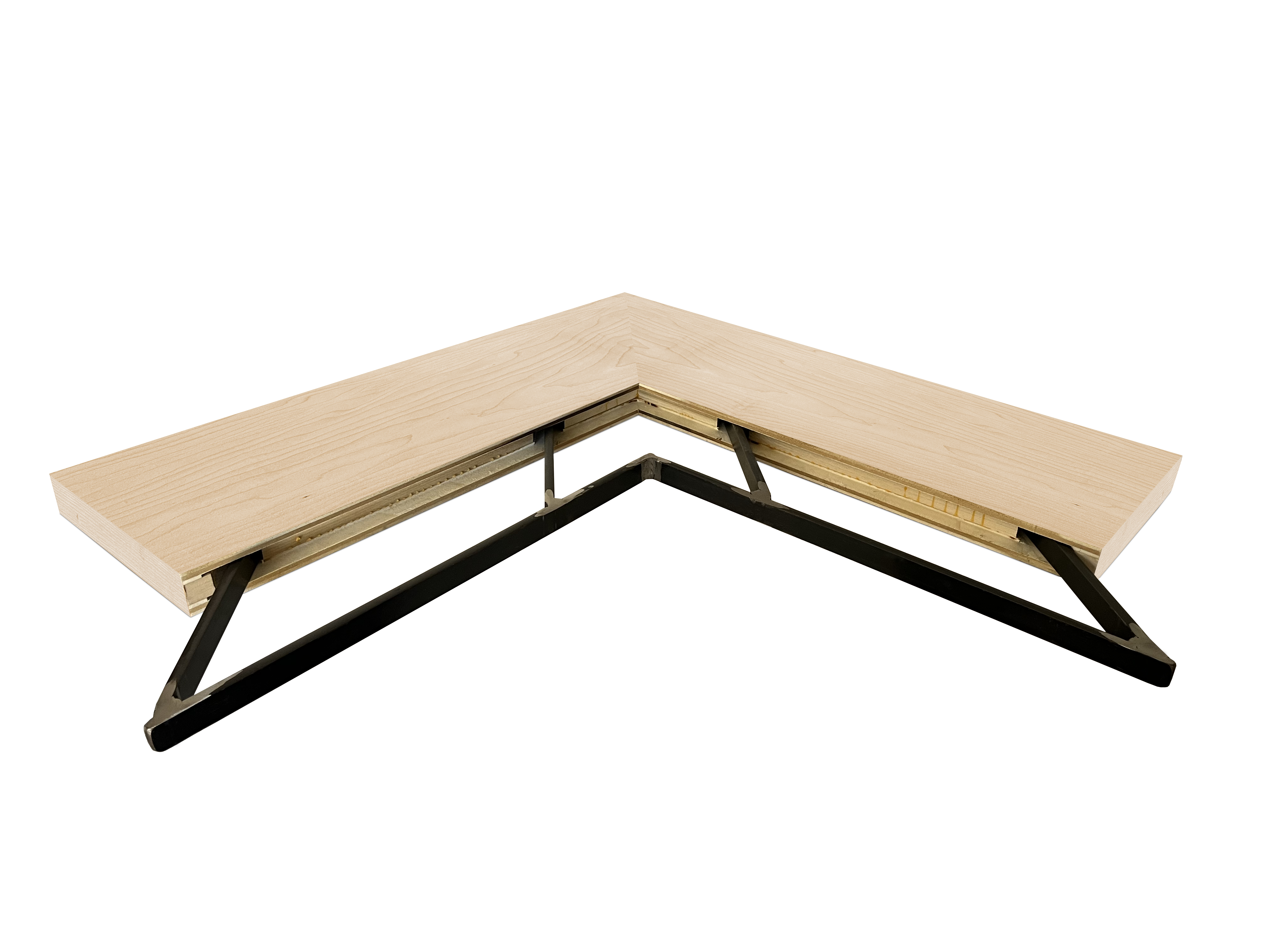 Maple outside corner mitered floating shelf view of back edge steel floating shelf bracket pockets
