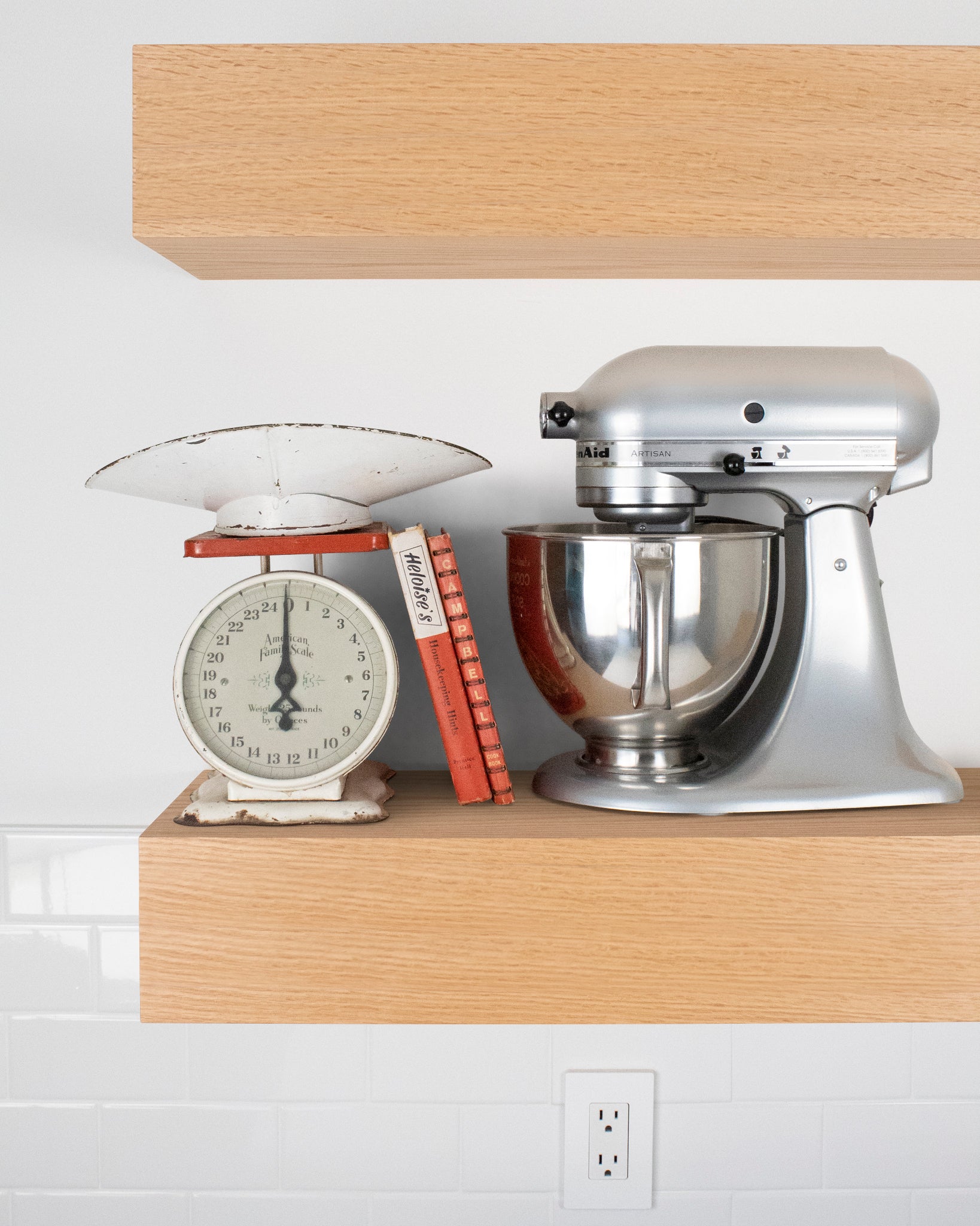 Red Oak kitchen Floating Shelf 6 inch thick with Mixer and scale front view