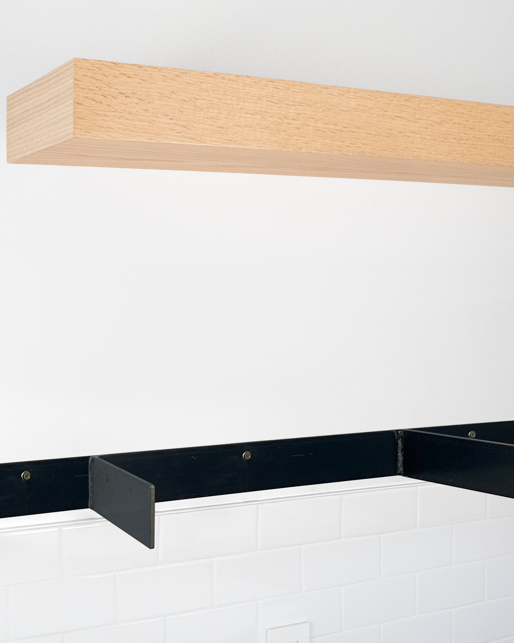 Red oak floating shelf 4 inch thick angle view installed steel HW