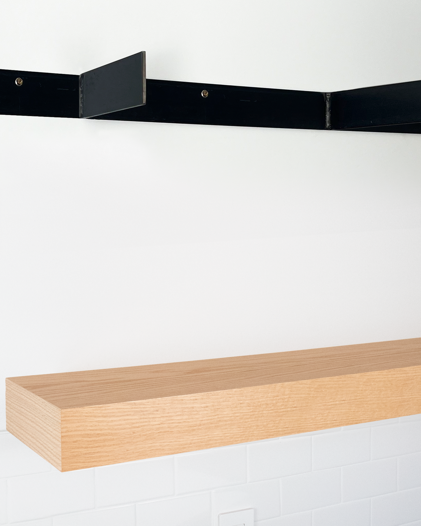 Red oak floating shelf 4 inch thick angle view installed steel HW top