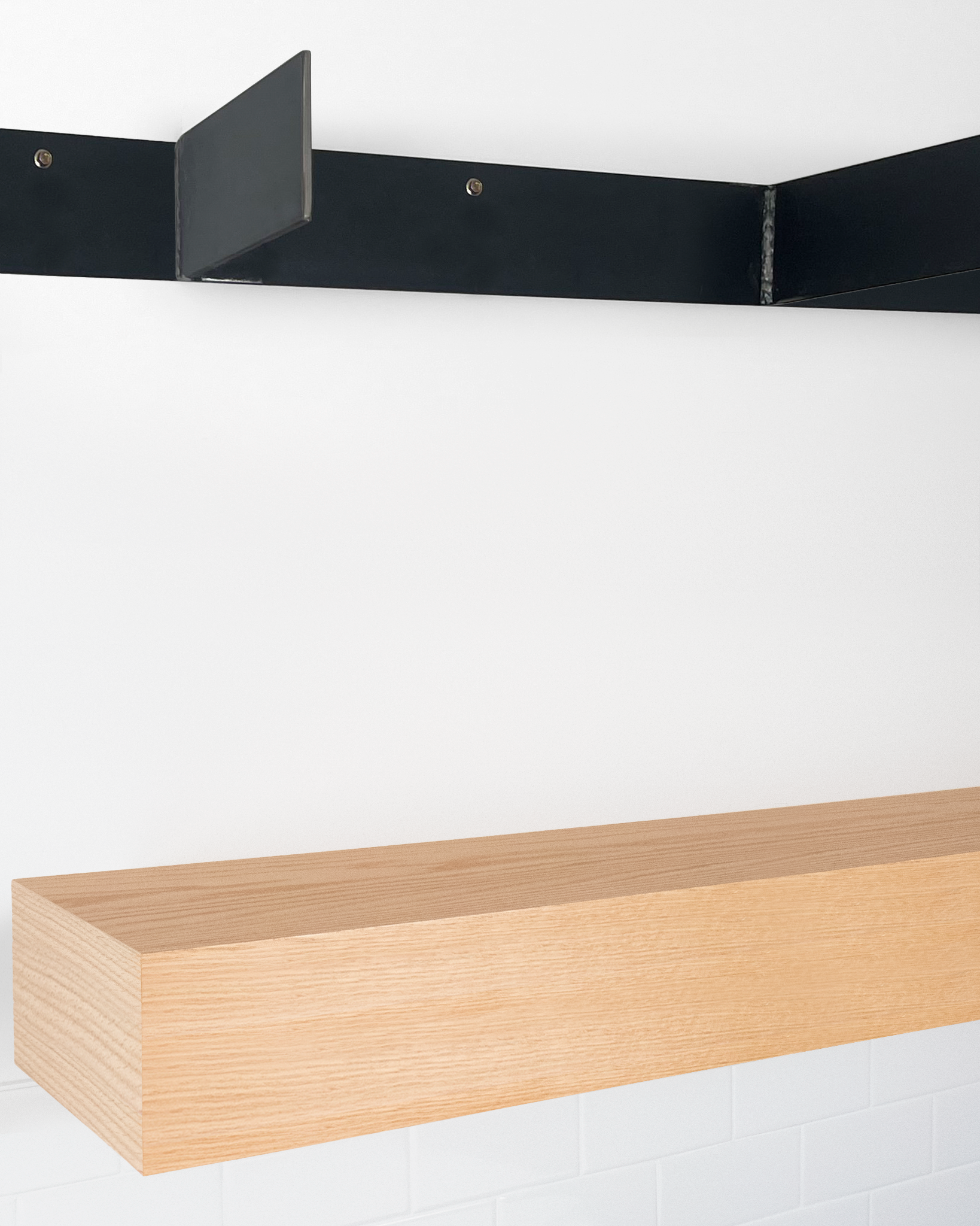 Red oak floating shelf 6 inch thick angle view installed steel HW top