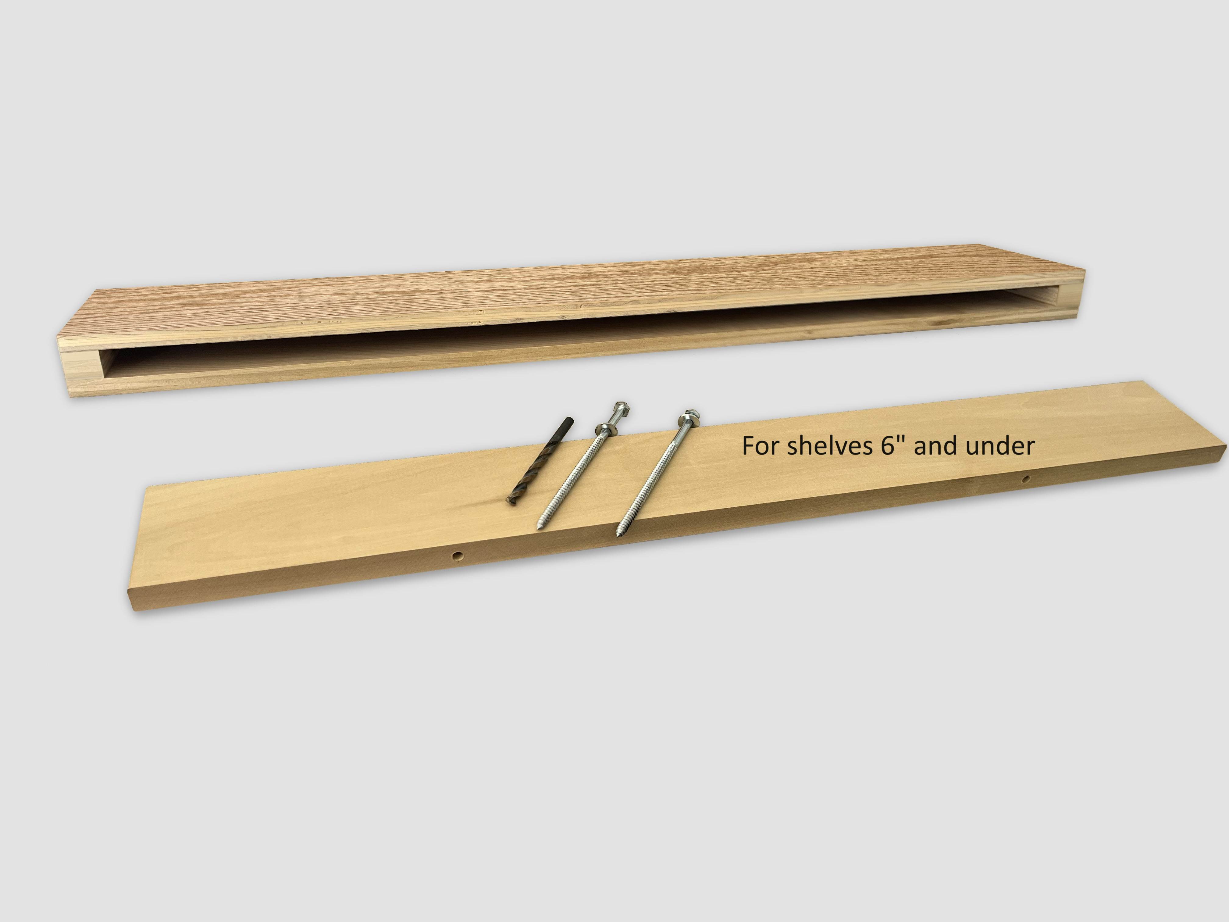 Red oak wood narrow floating shelf view of back edge wood insert support