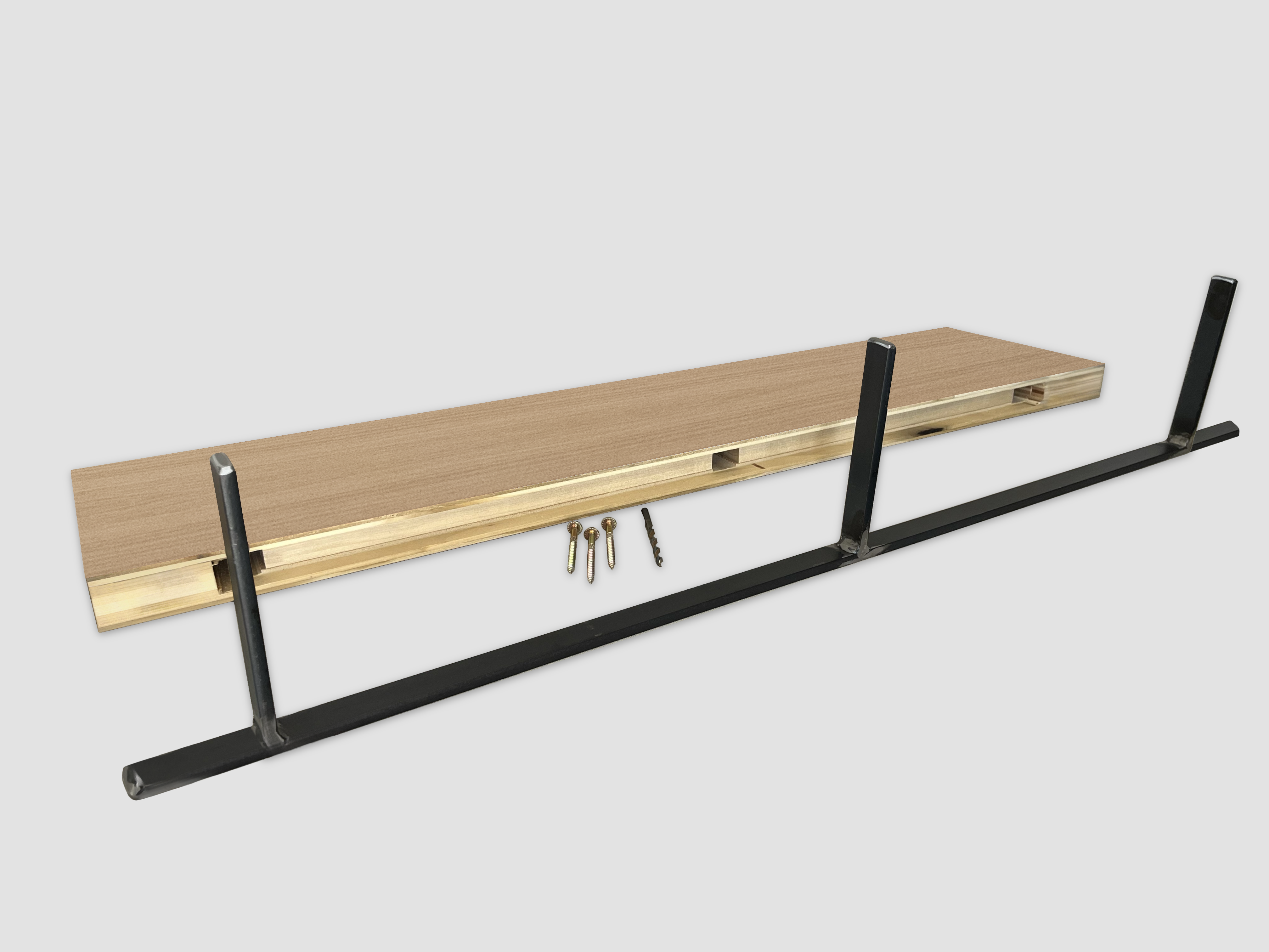 Rift white oak floating shelf back edge with metal bracket on a white background