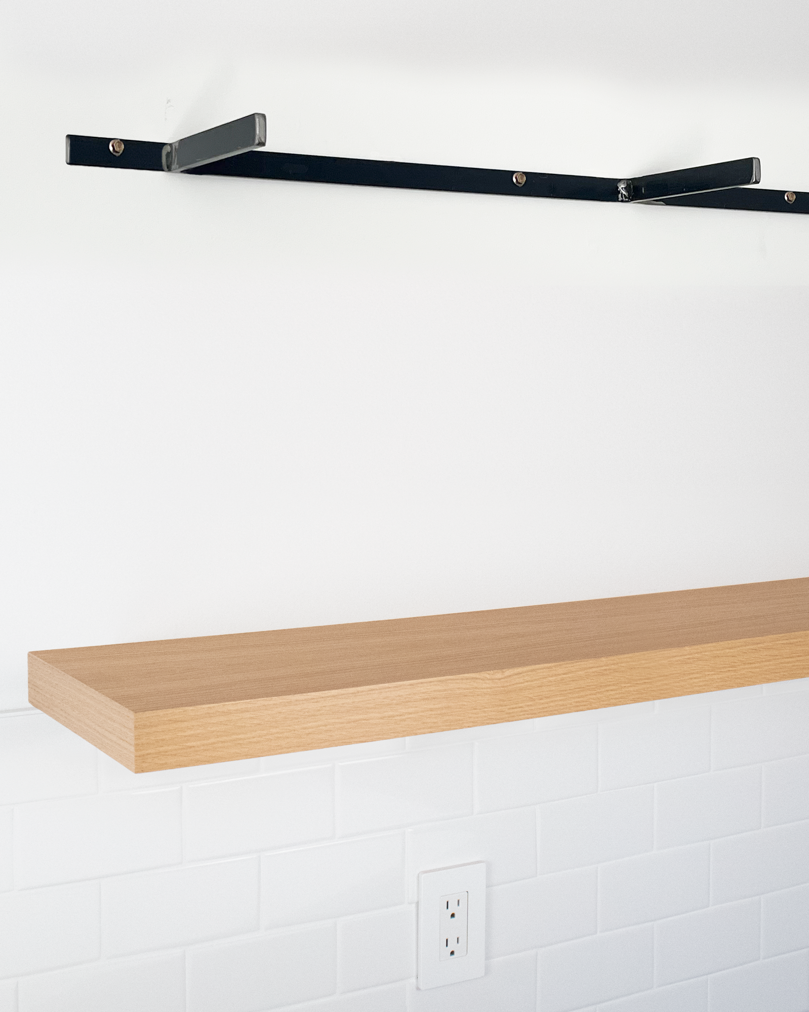 Rift white oak floating shelf 1.75 inch thick angle view installed steel HW top