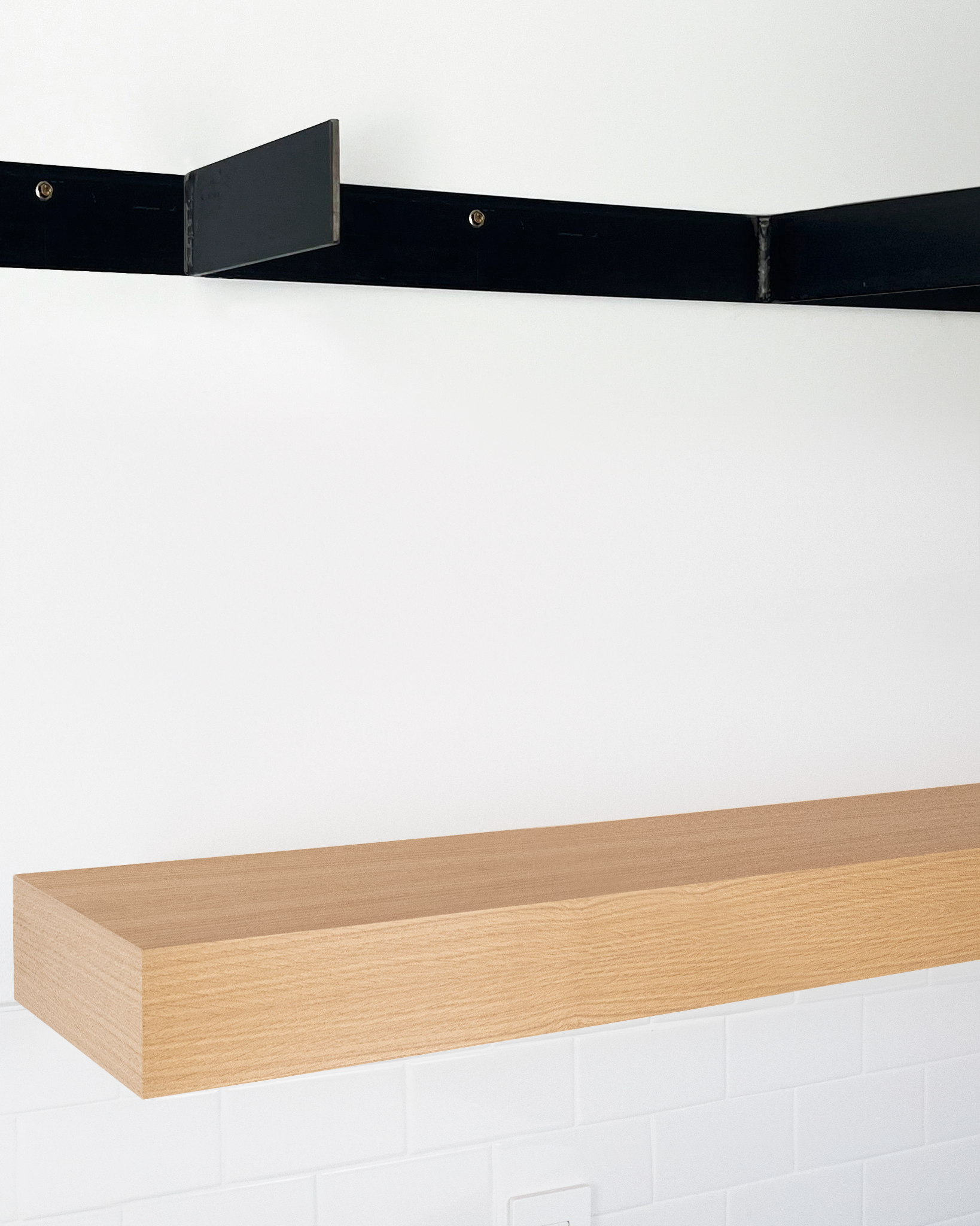 Rift white oak floating shelf 4 inch thick angle view installed steel HW top