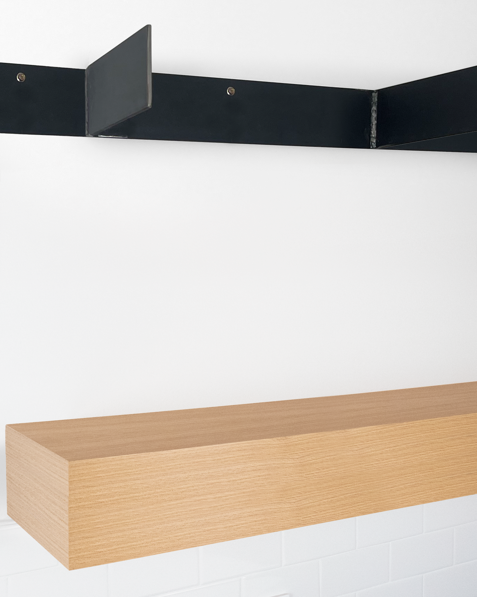 Rift white oak floating shelf 6 inch thick angle view installed steel HW top
