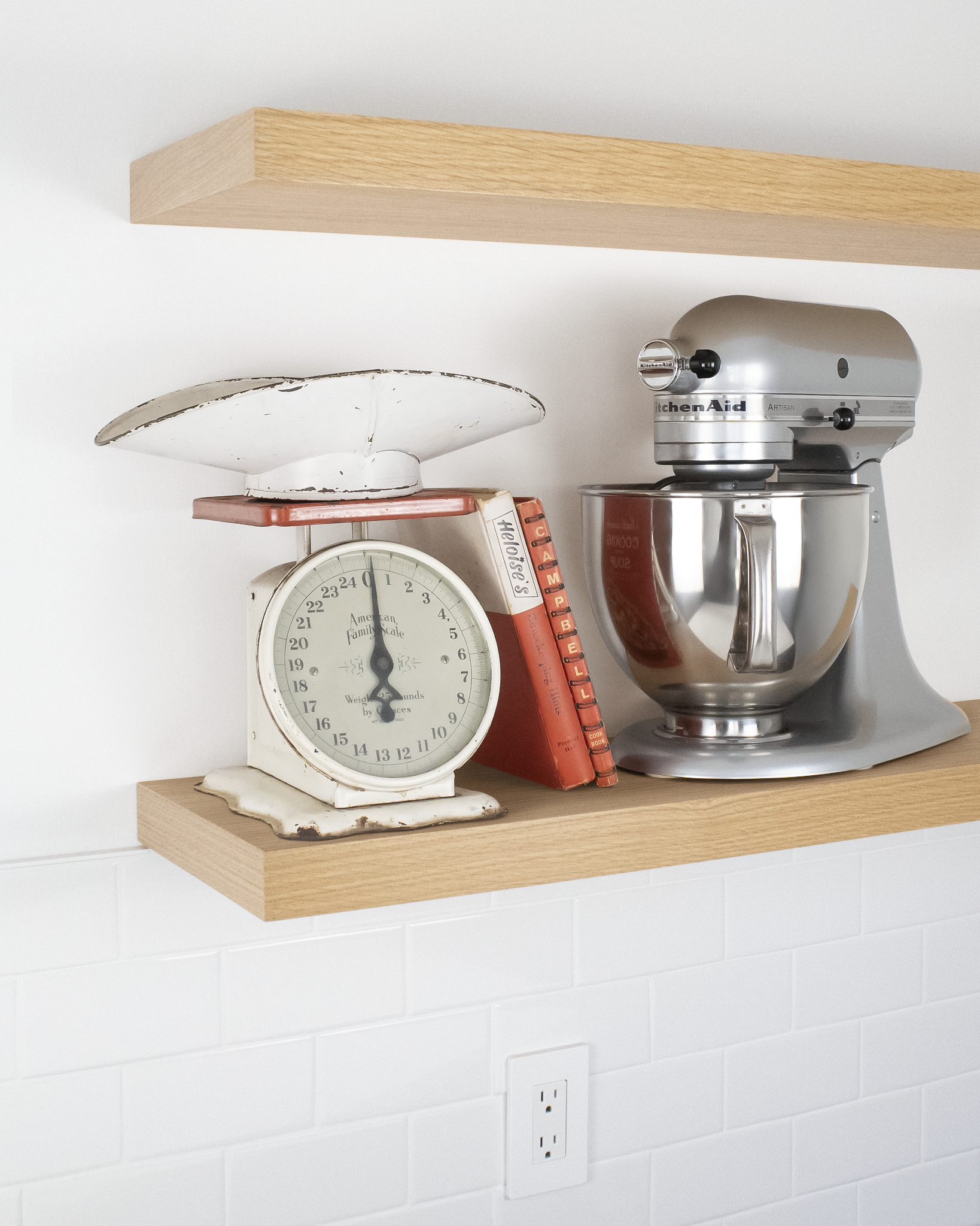 Rift white oak kitchen Floating Shelf 1.75 inch thick with Mixer and scale angle view