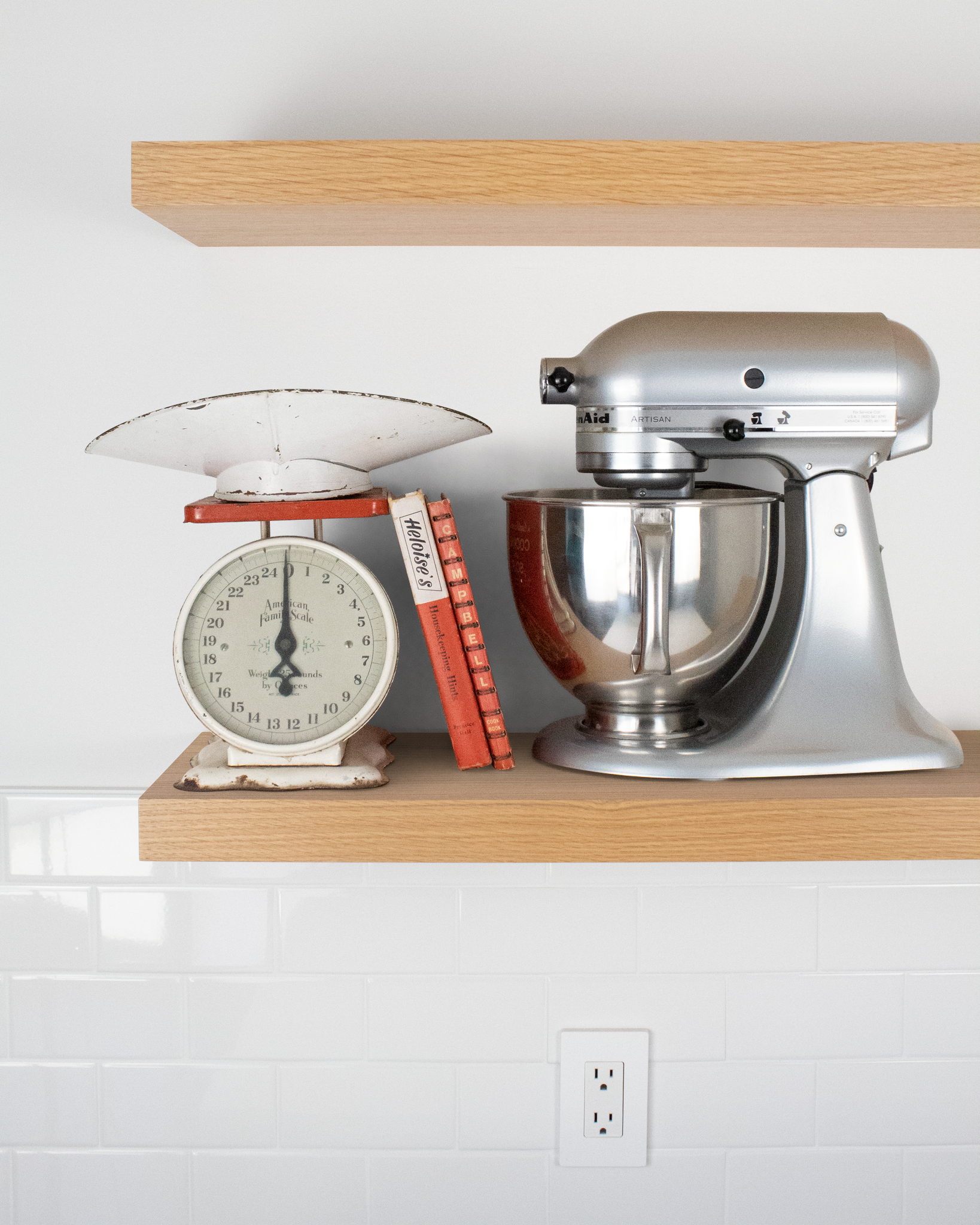 Rift white oak kitchen Floating Shelf 1.75 inch thick with Mixer and scale front view