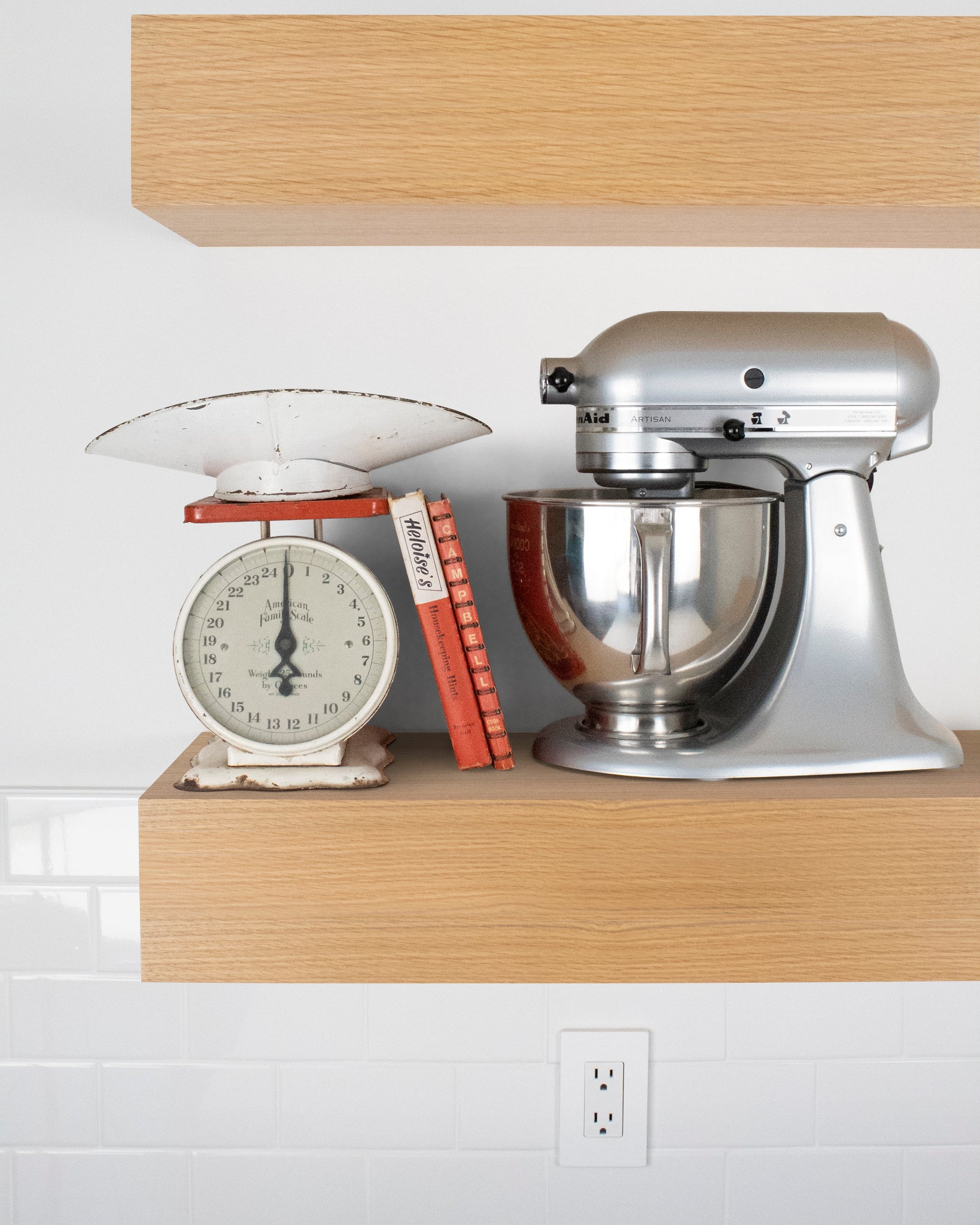 Rift white oak kitchen Floating Shelf 6 inch thick with Mixer and scale front view