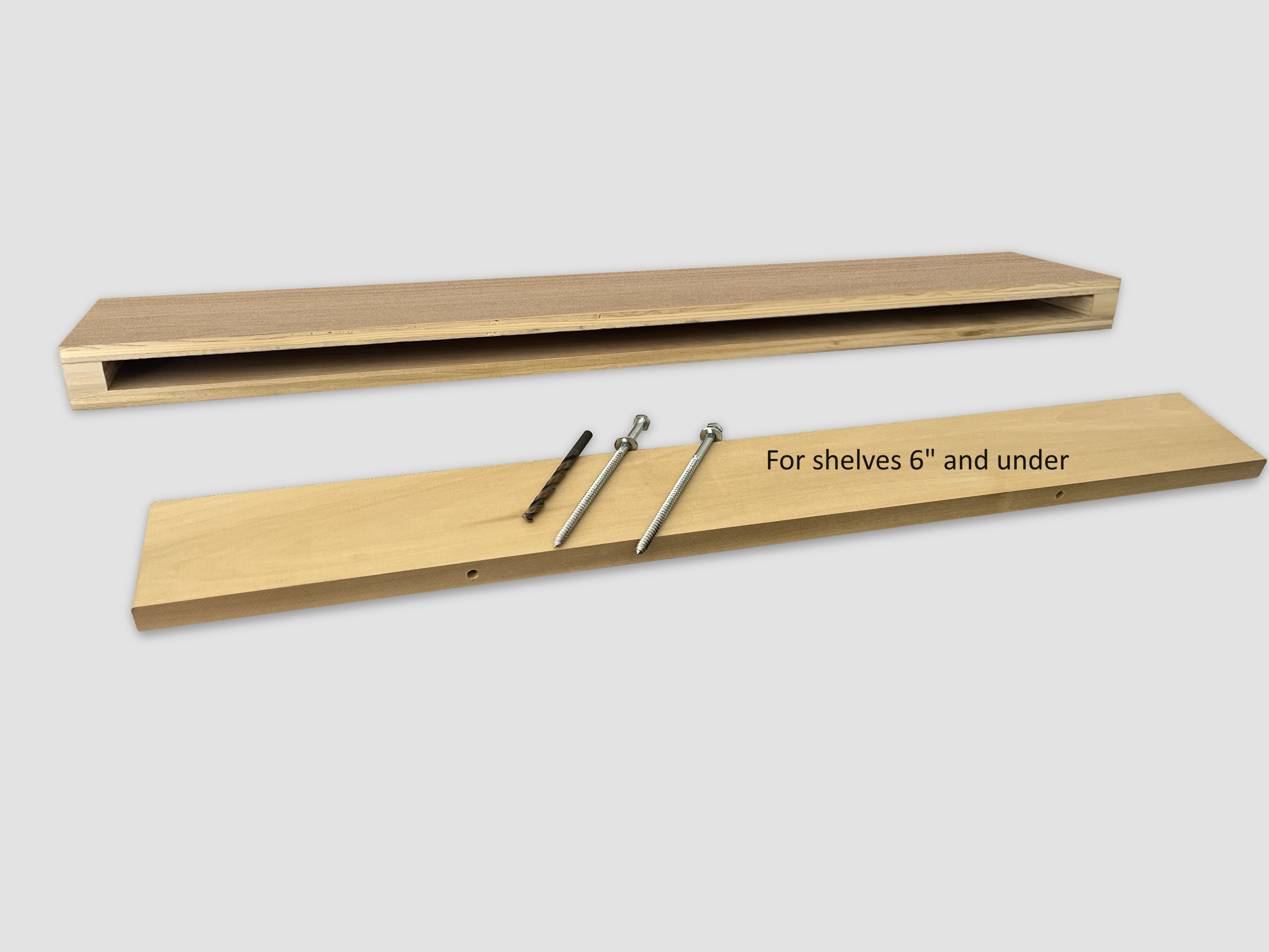 Rift white oak narrow floating shelf view of back edge wood insert support