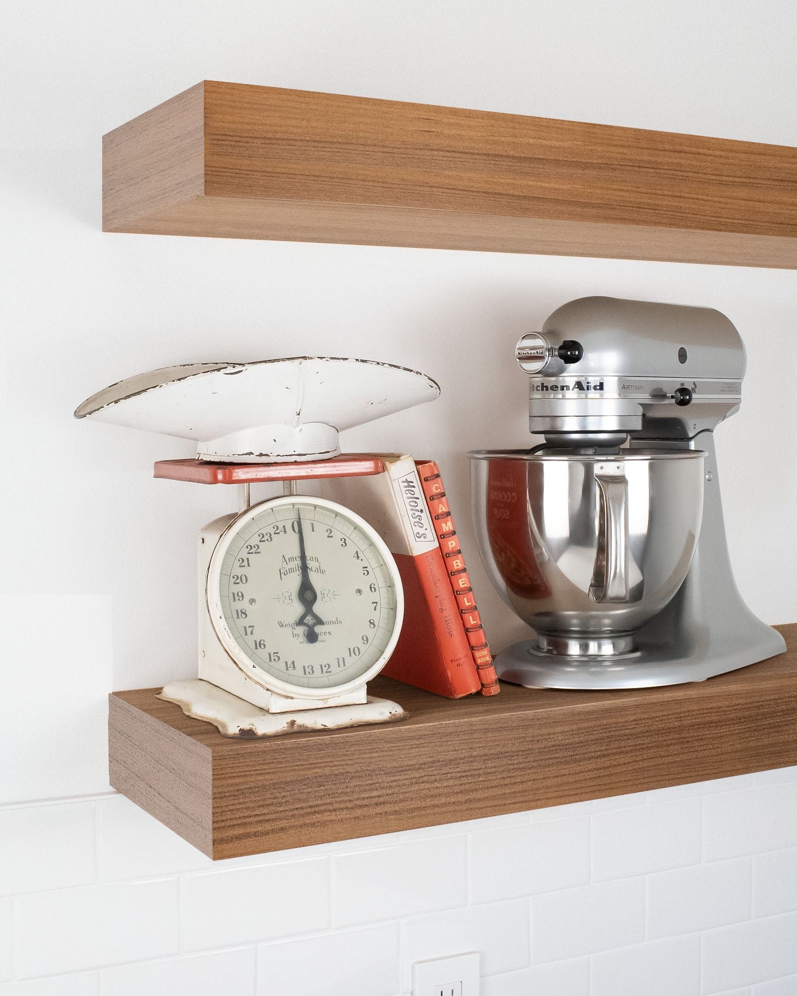 Teak 2" floating shelf with mixer and scale