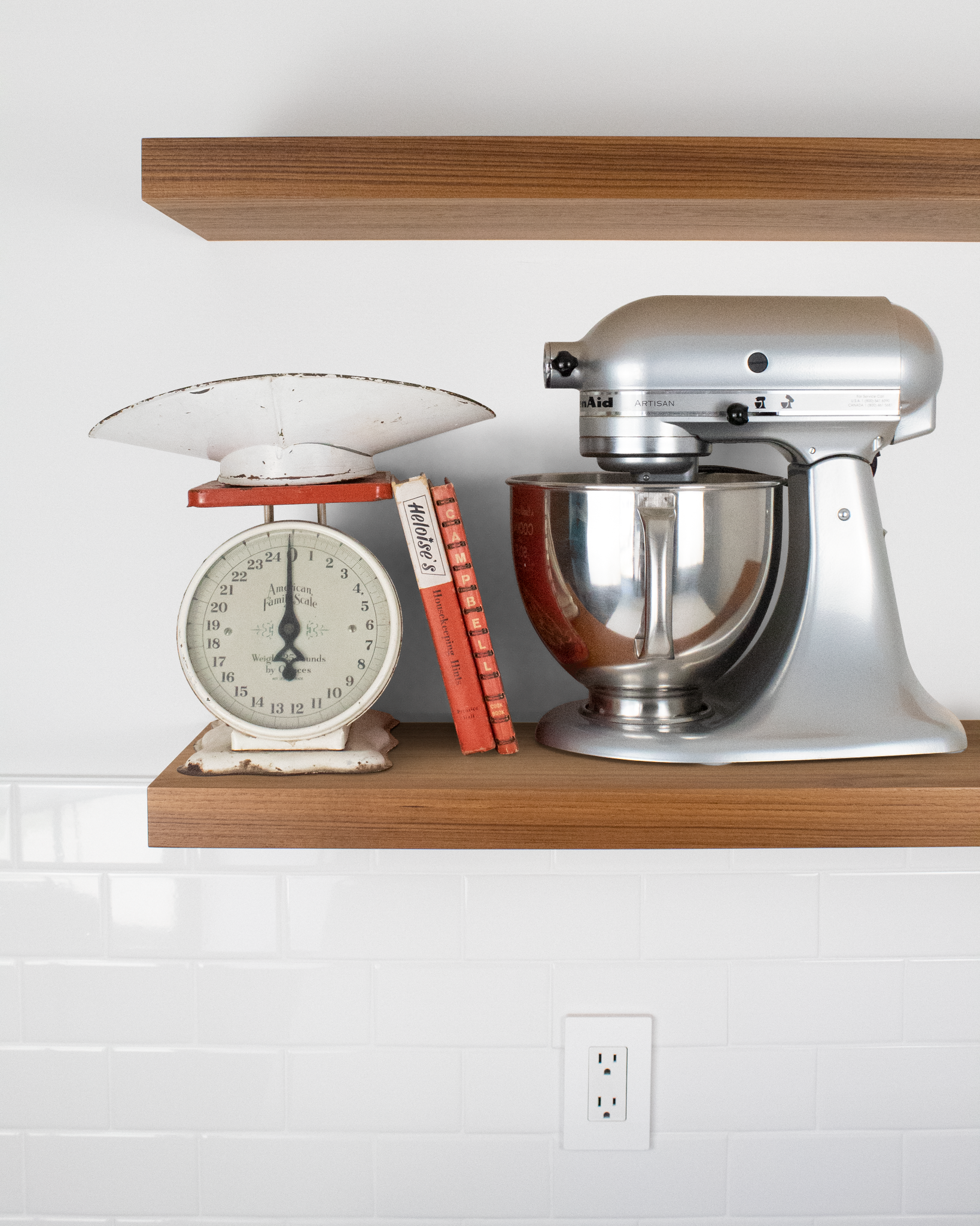 Teak Wood kitchen Floating Shelf 1.75 inch thick with Mixer and scale front view