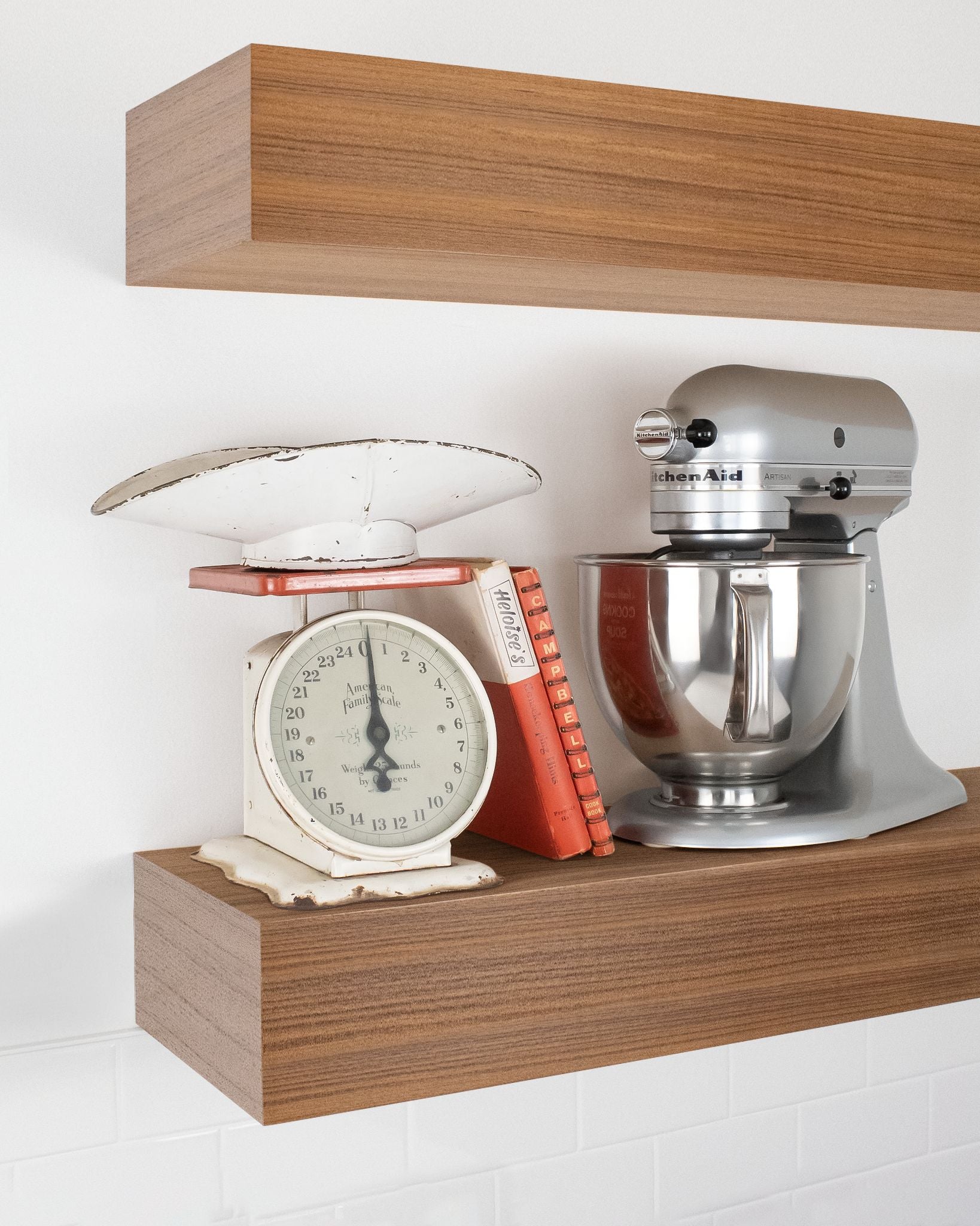 Teak Wood kitchen Floating Shelf 6 inch thick with Mixer and scale angle view