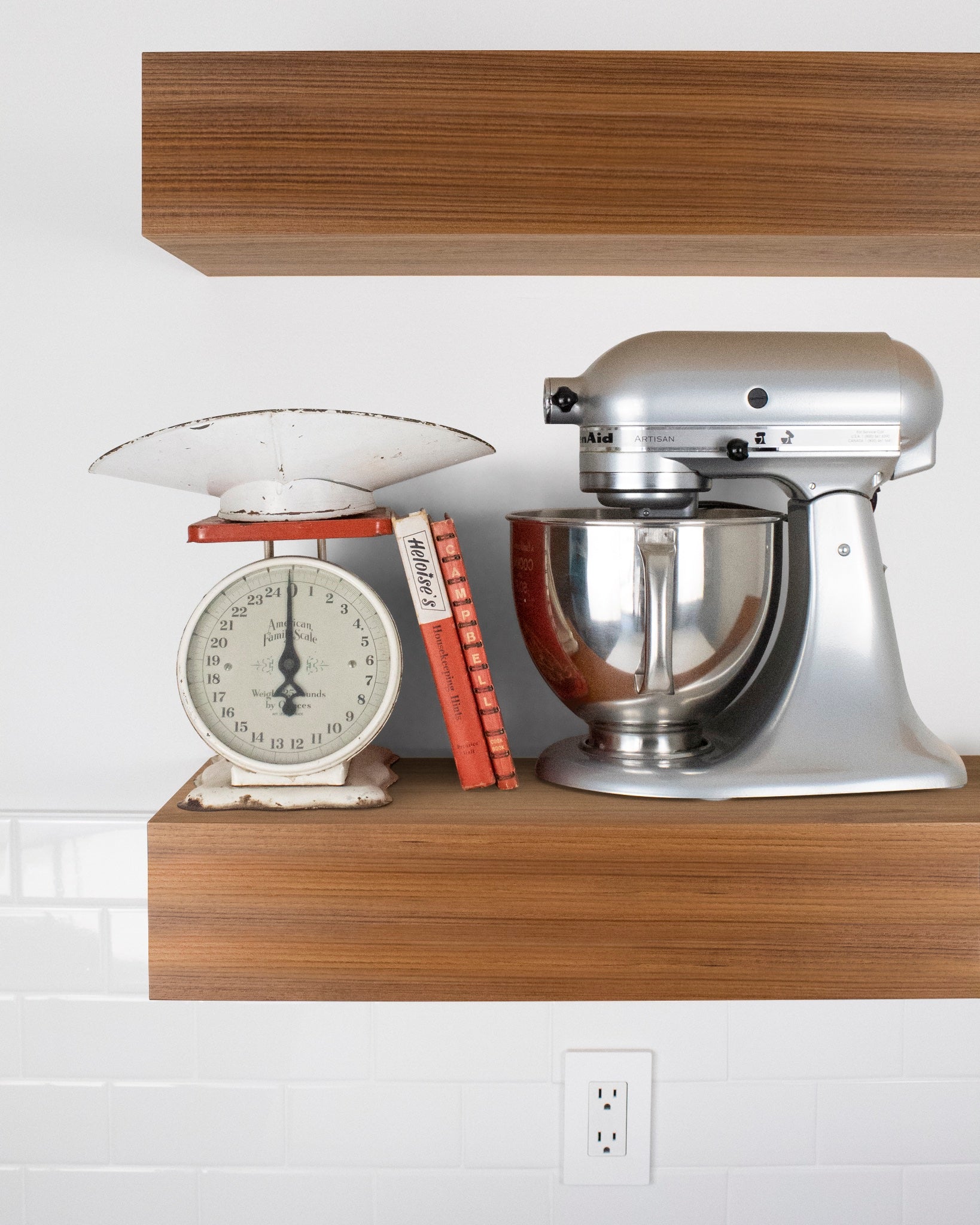 Teak Wood kitchen Floating Shelf 6 inch thick with Mixer and scale front view