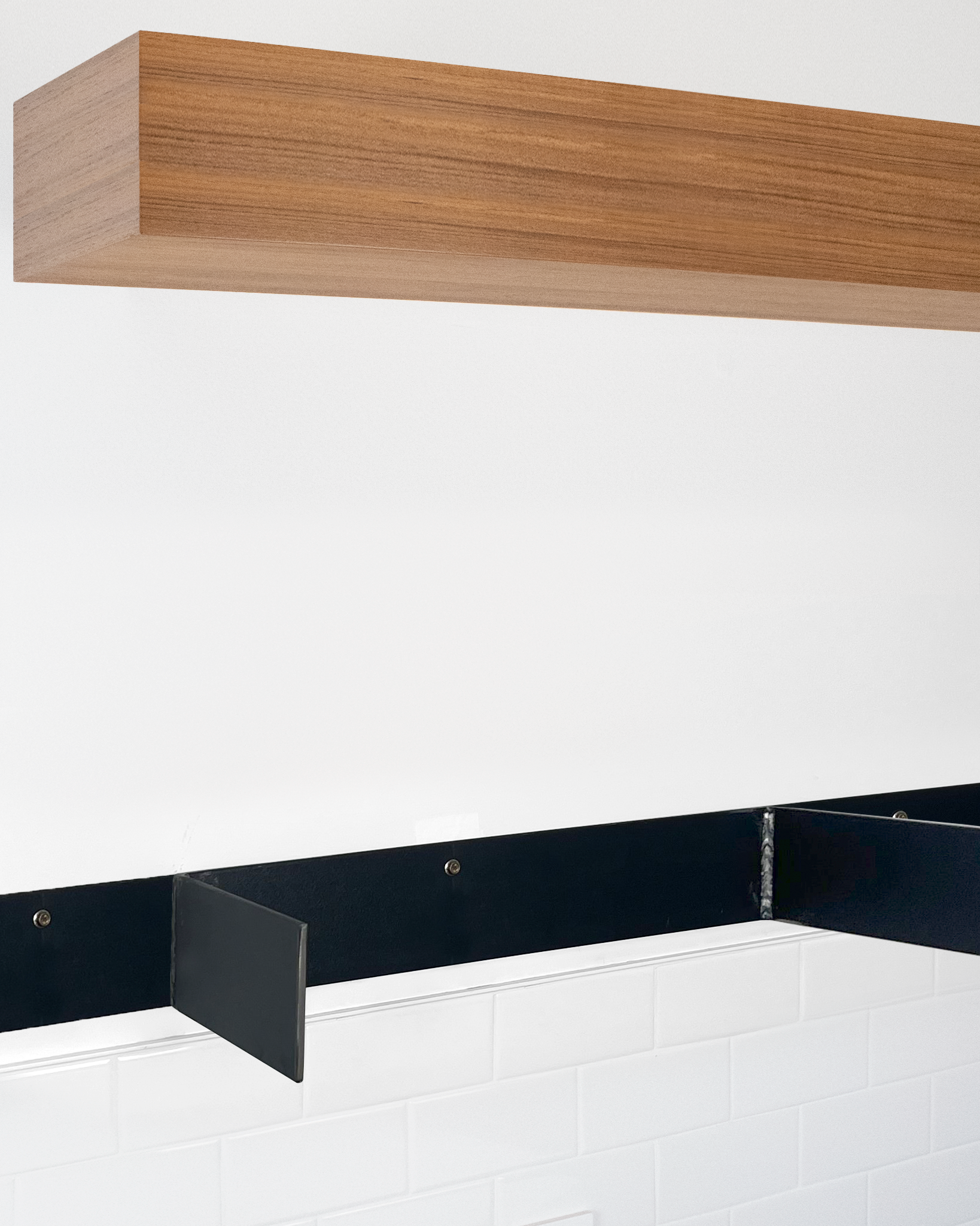 Teak floating shelf 6 inch thick angle view installed steel HW