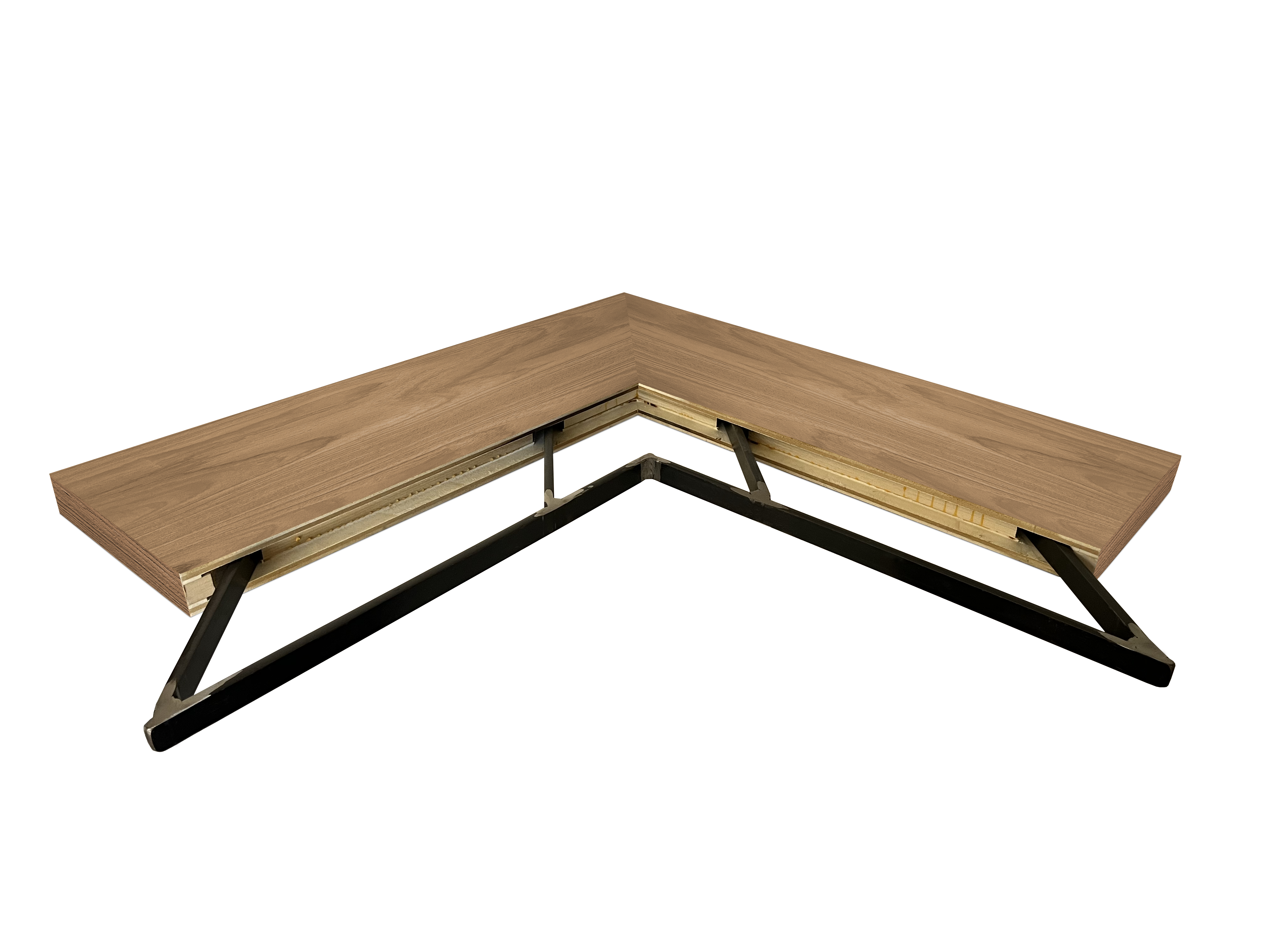 Teak outside corner mitered floating shelf view of back edge steel floating shelf bracket pockets