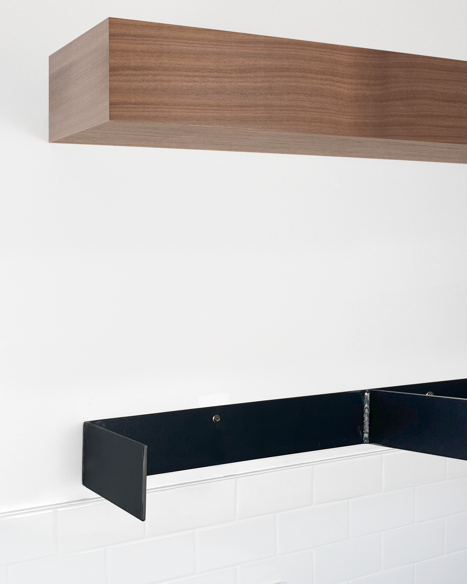 Walnut floating shelf 3" and one metal bracket mounted underneath