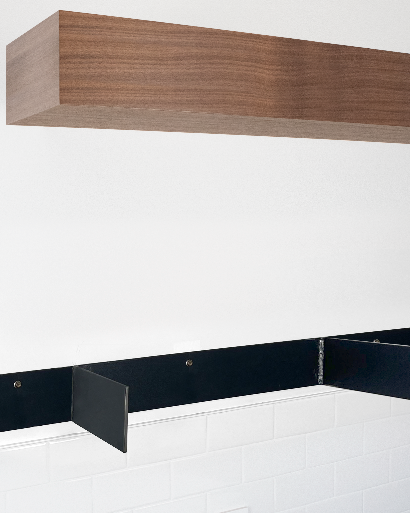 Walnut floating shelf 6 inch thick angle view installed steel HW