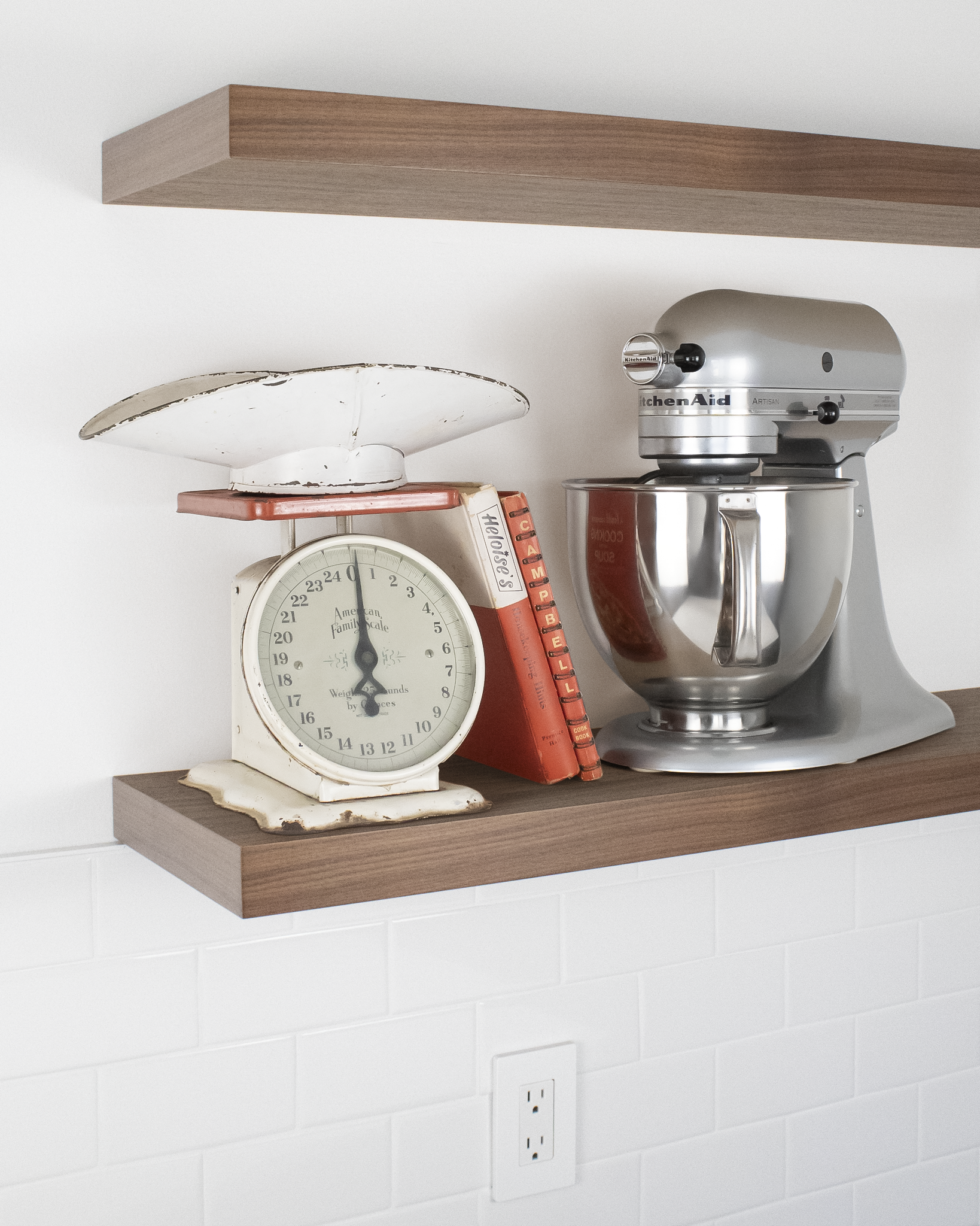 Walnut kitchen Floating Shelf 1.75 inch thick with Mixer and scale angle view