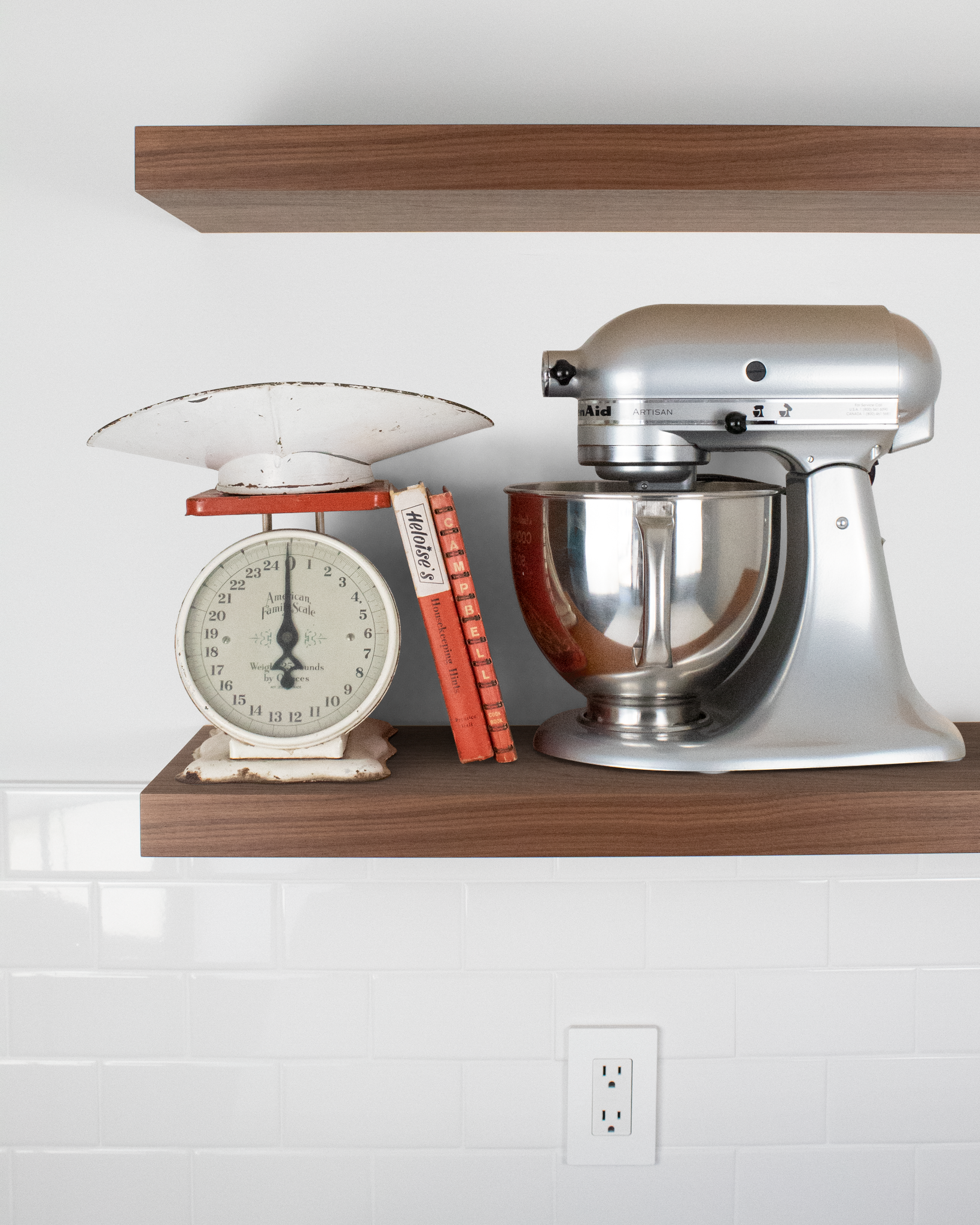 Walnut kitchen Floating Shelf 1.75 inch thick with Mixer and scale angle view