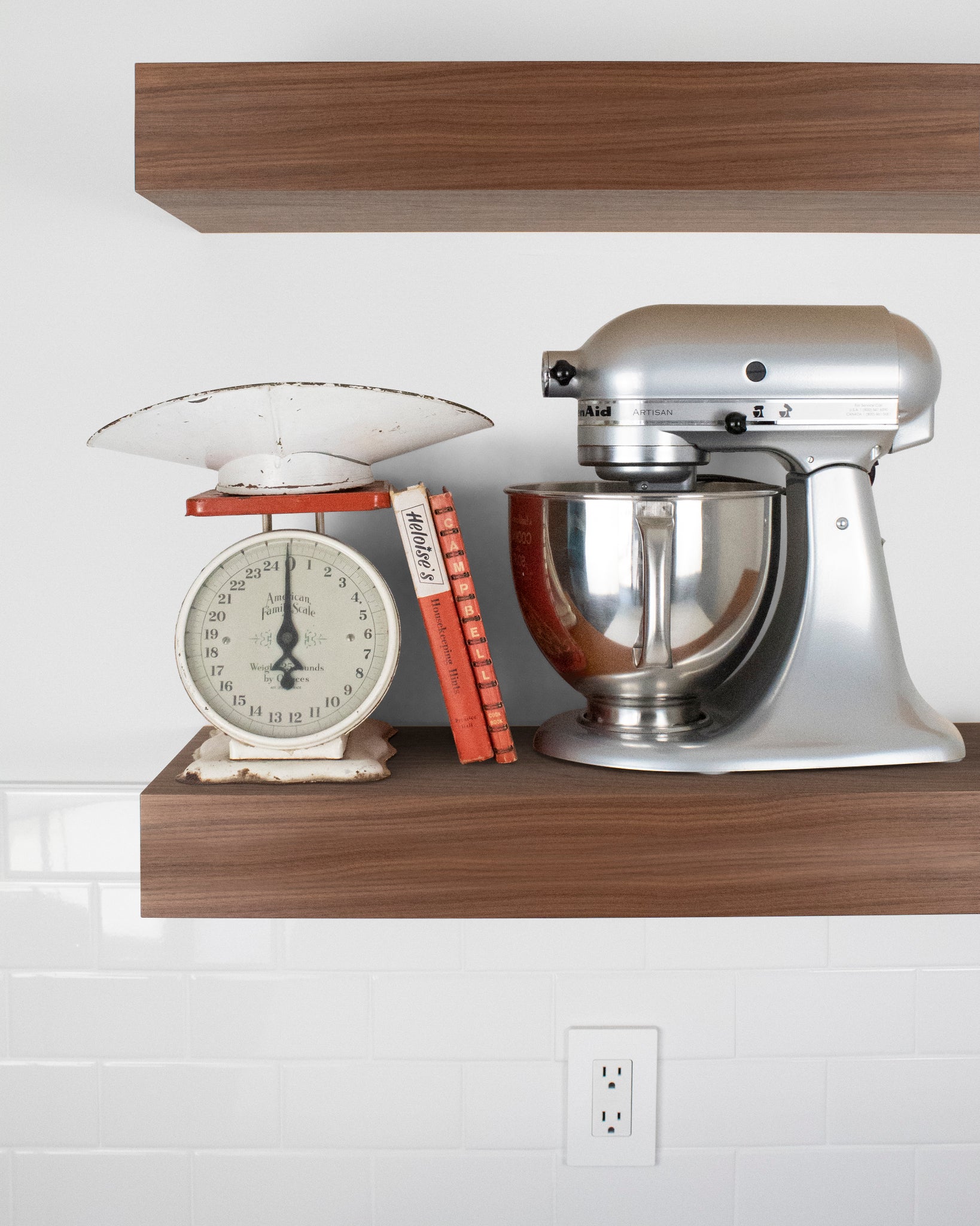 Walnut kitchen Floating Shelf 4 inch thick with Mixer and scale front view