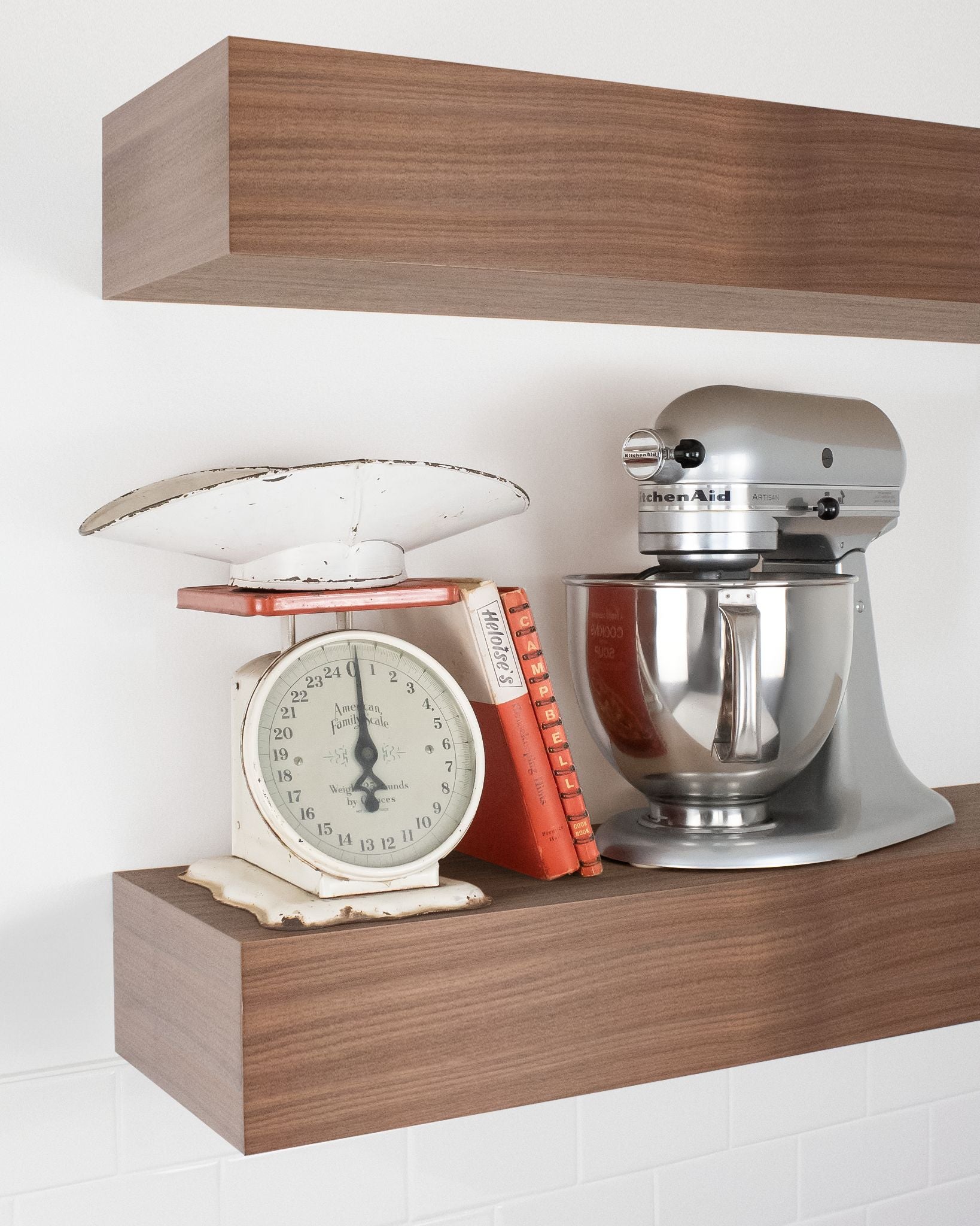 Walnut kitchen Floating Shelf 6 inch thick with Mixer and scale angle view