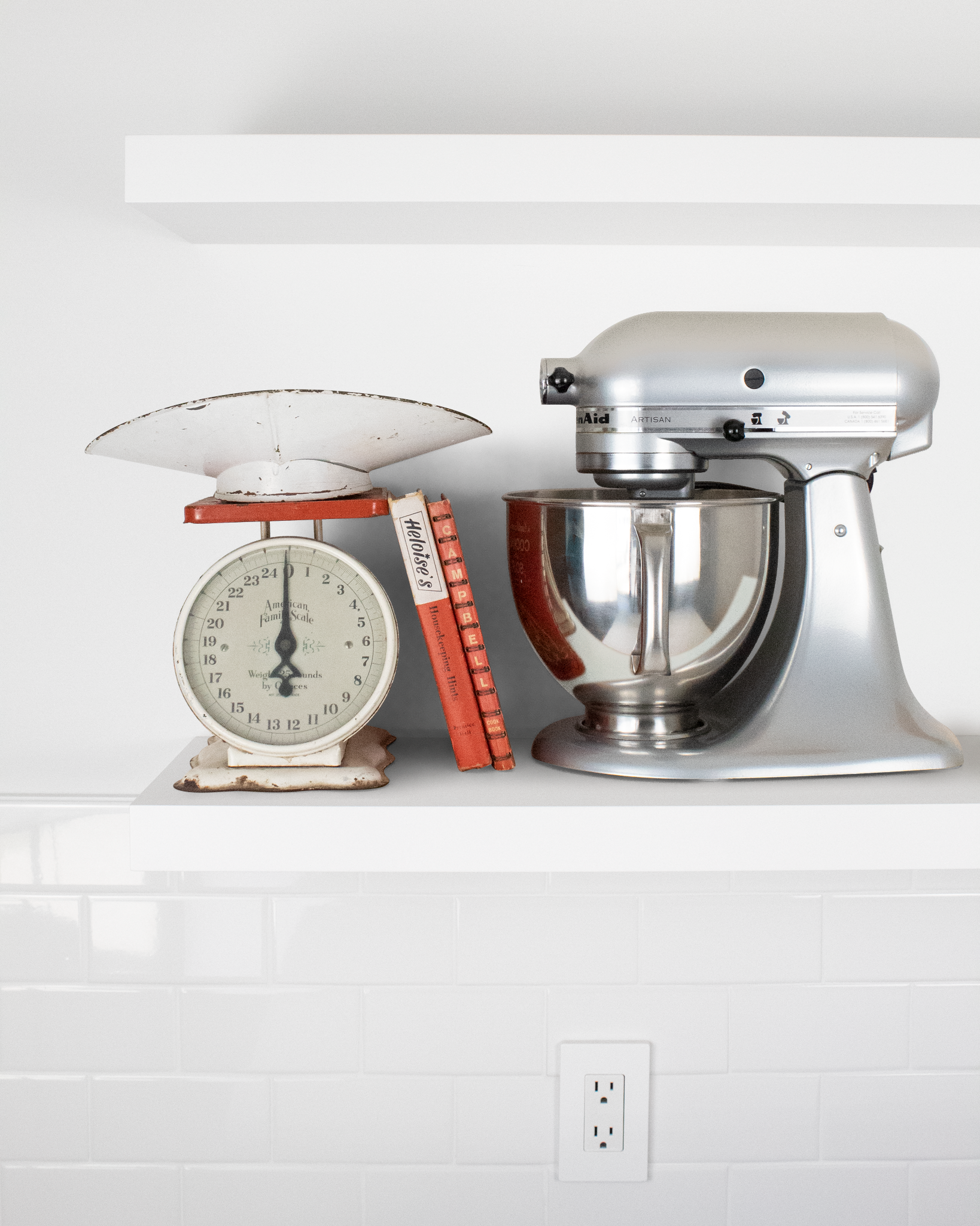 White kitchen Floating Shelf 1.75 inch thick with Mixer and scale front view