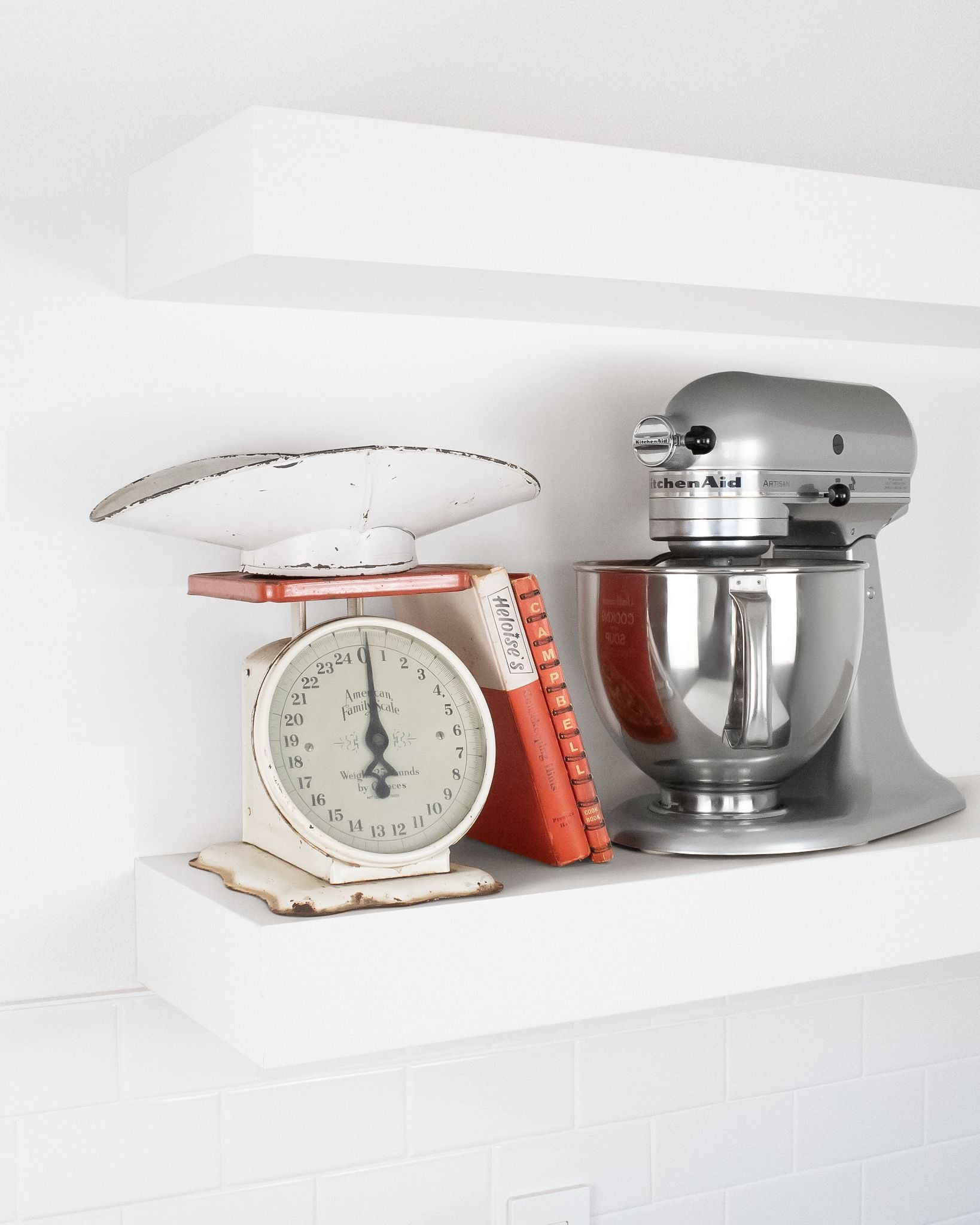 White kitchen Floating Shelf 4 inch thick with Mixer and scale angle view