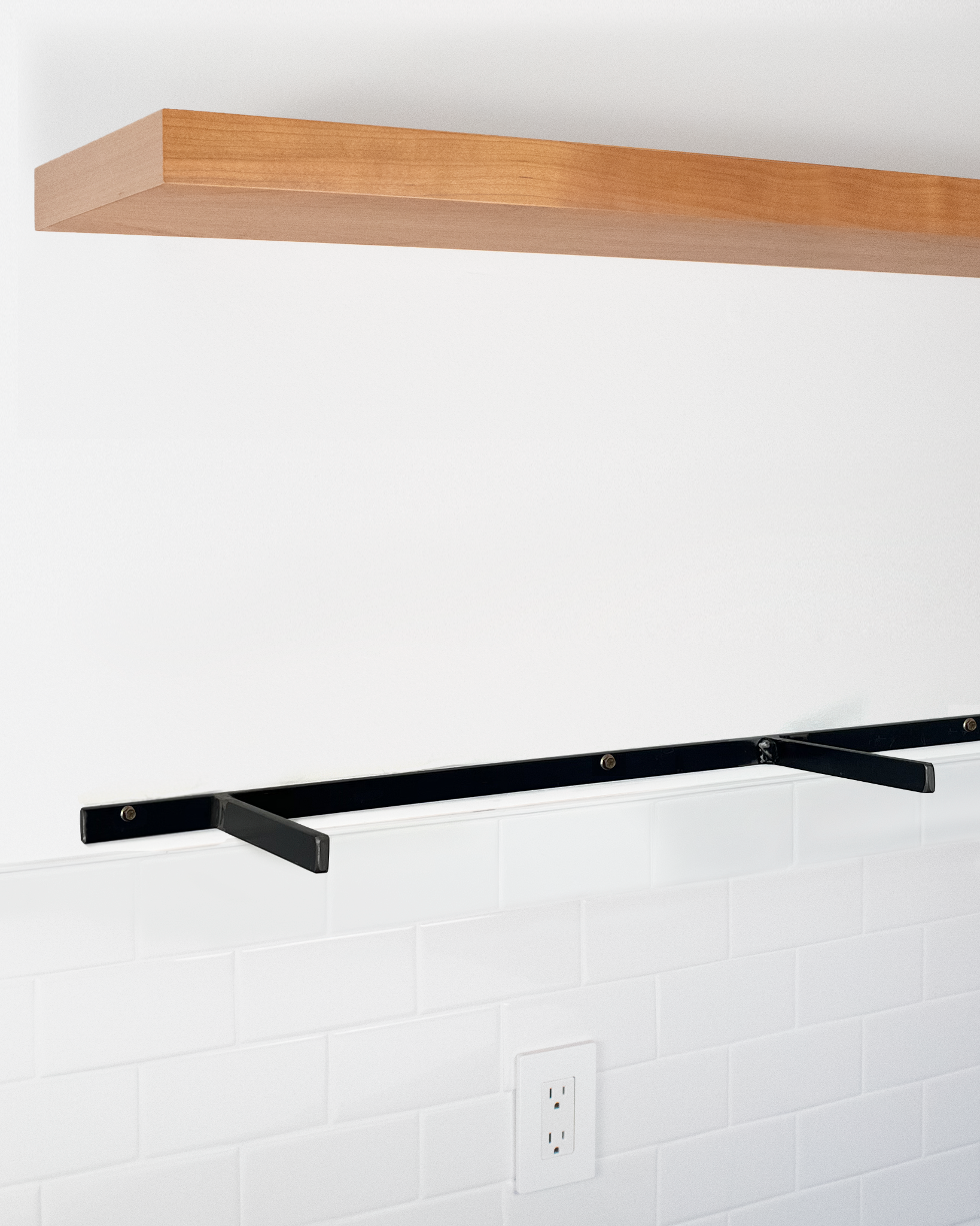 cherry floating shelf 1.75 inch thick angle view installed steel HW