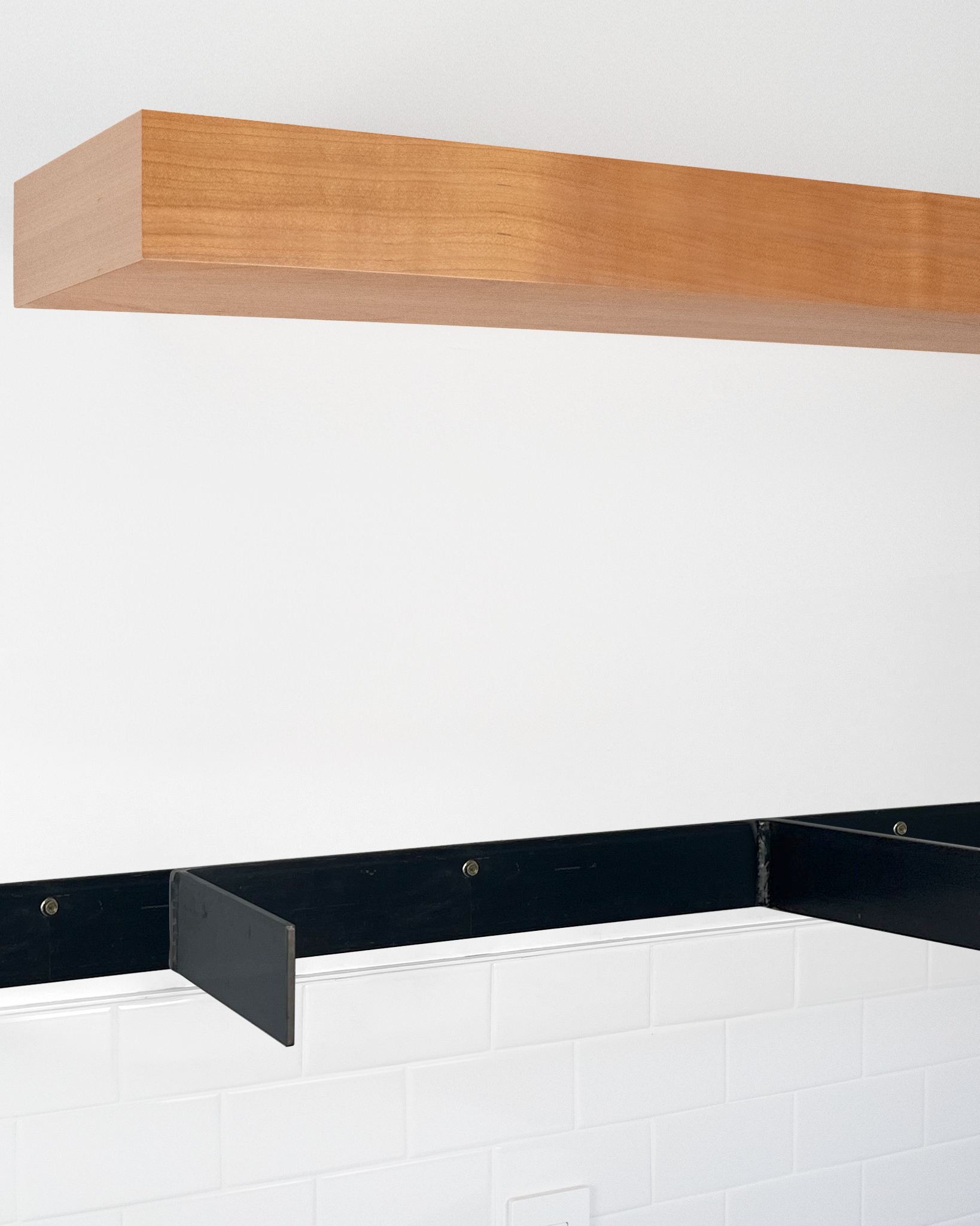 cherry floating shelf 4 inch thick angle view installed steel HW