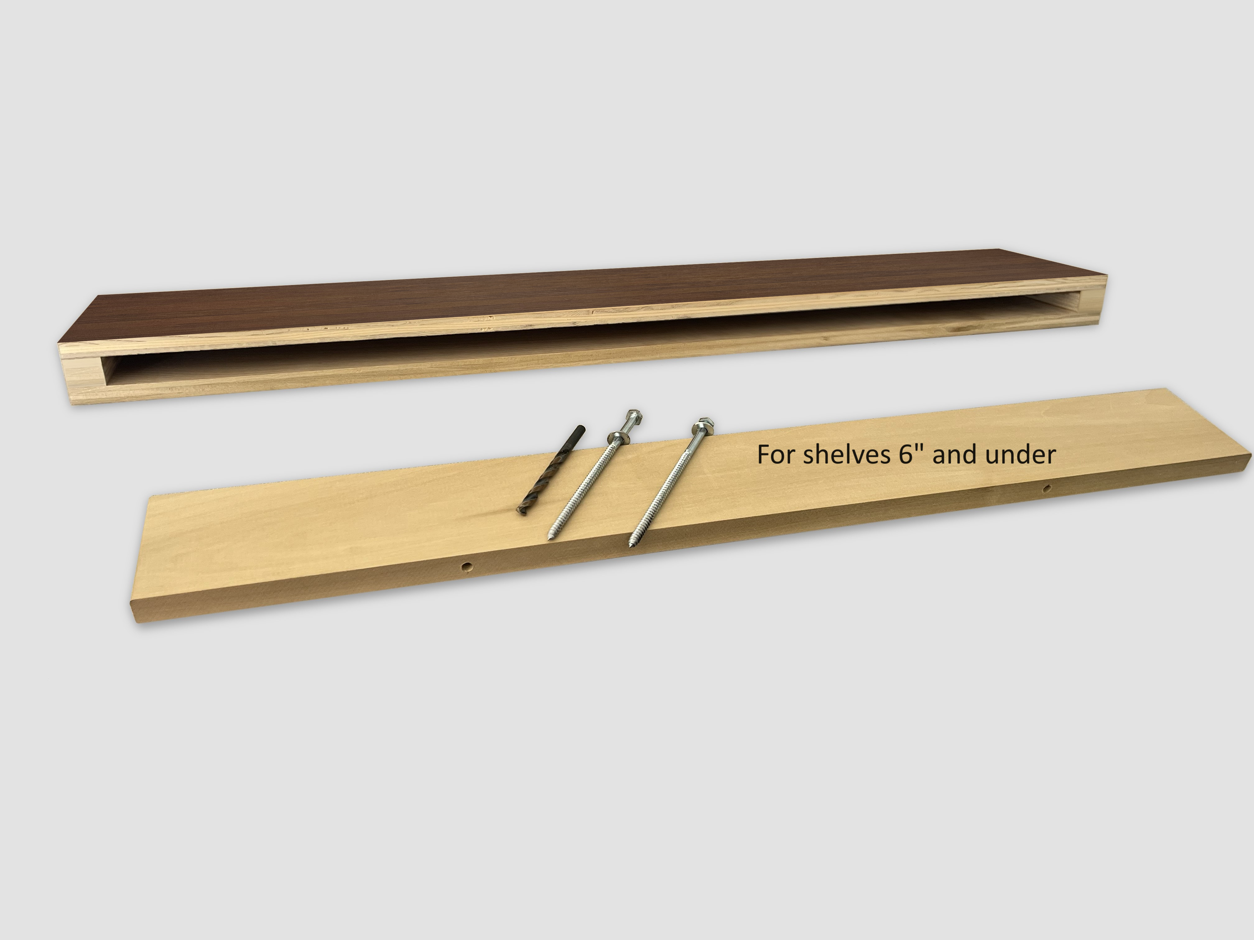 Back side of small chocolate bamboo floating shelf with wood insert and hardware