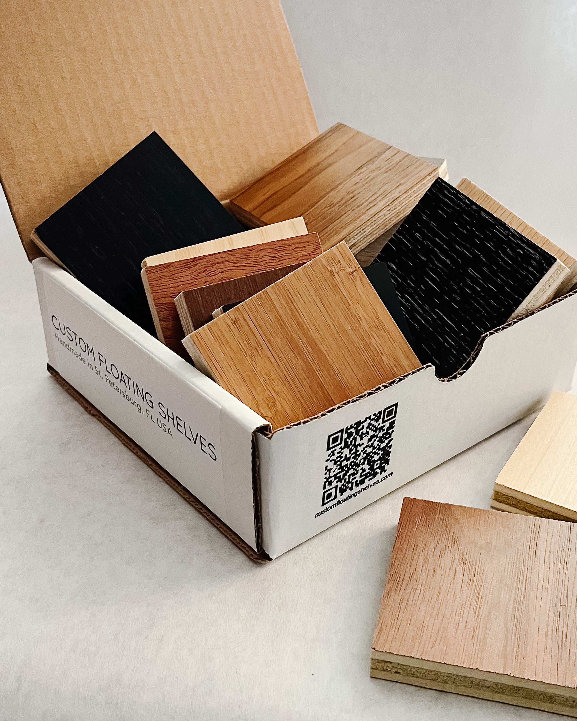 Designer sample pack of finishes available for our floating shelves