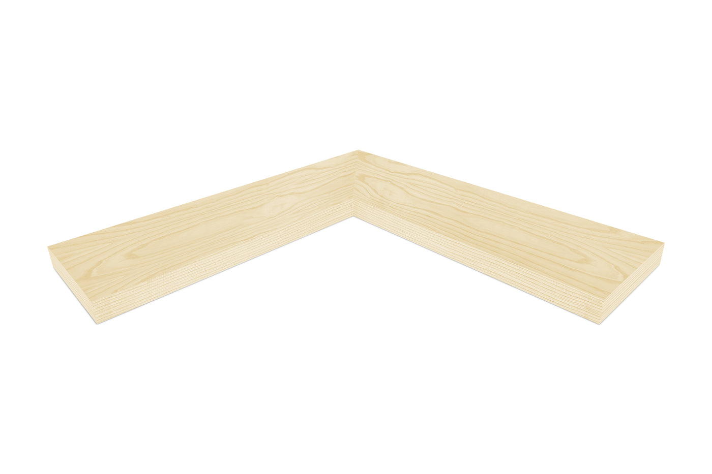 1.75 inch thick Ash wood mitered inside corner floating shelf front view