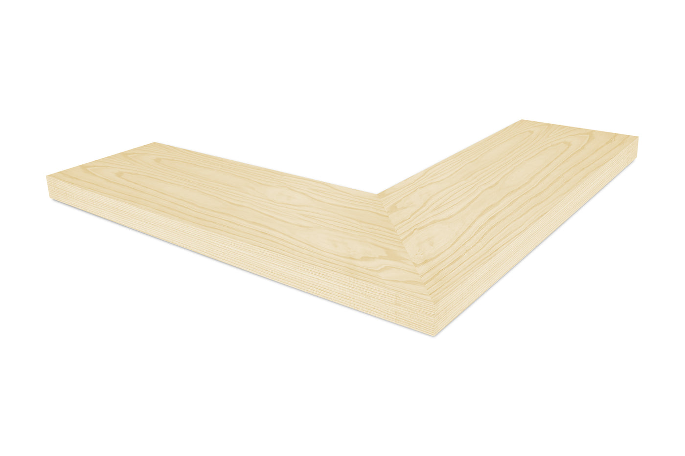 1.75 inch thick Ash wood mitered outside corner floating shelf front view