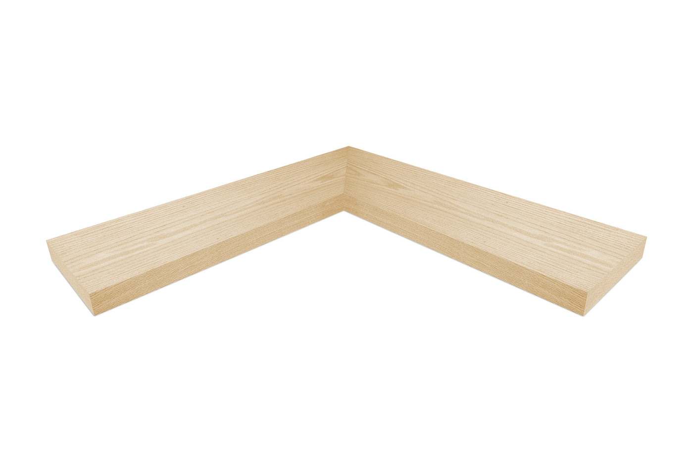 1.75 inch thick Bleached oak mitered inside corner floating shelf front view