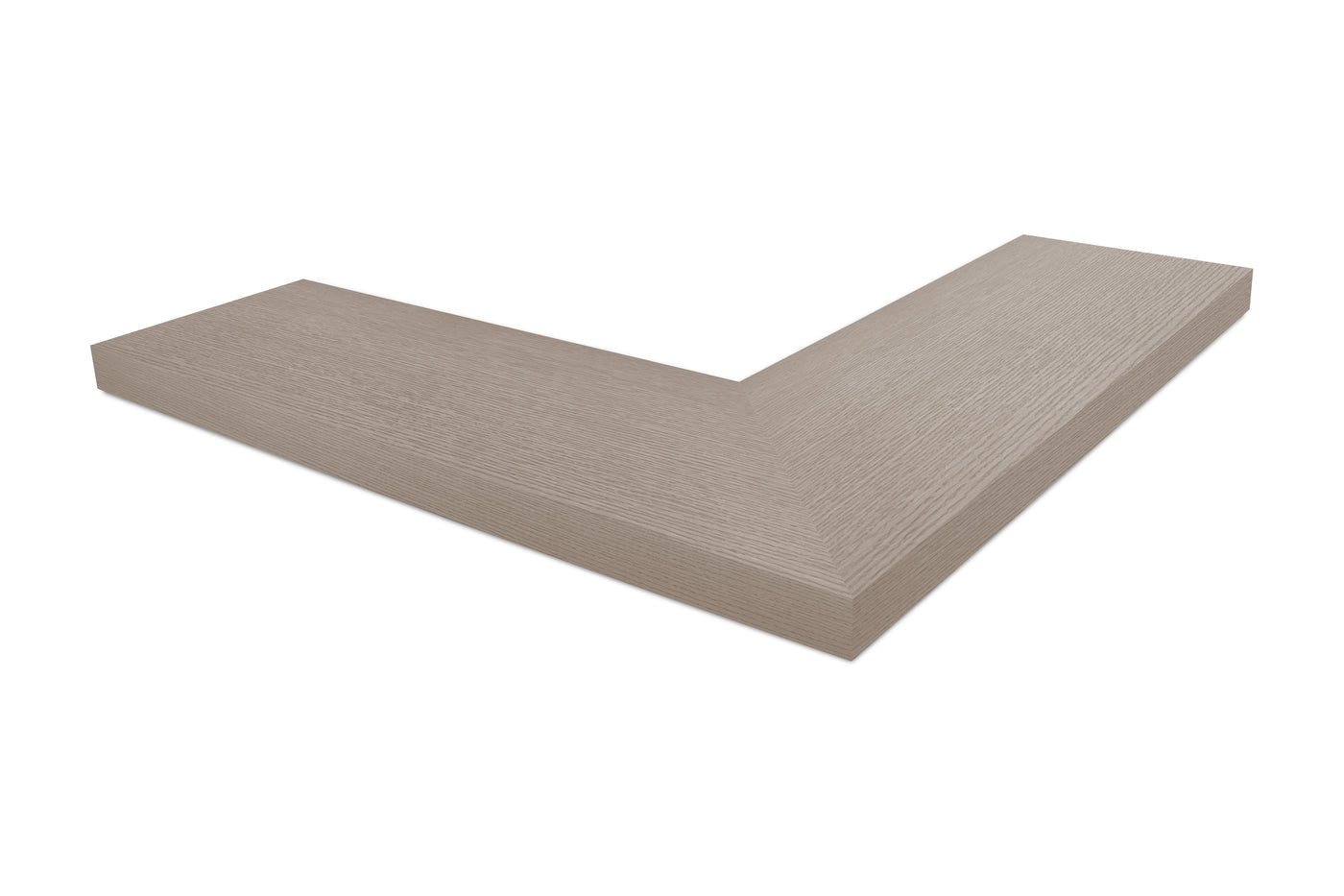1.75 inch thick Driftwood Grey Oak mitered outside corner floating shelf front view