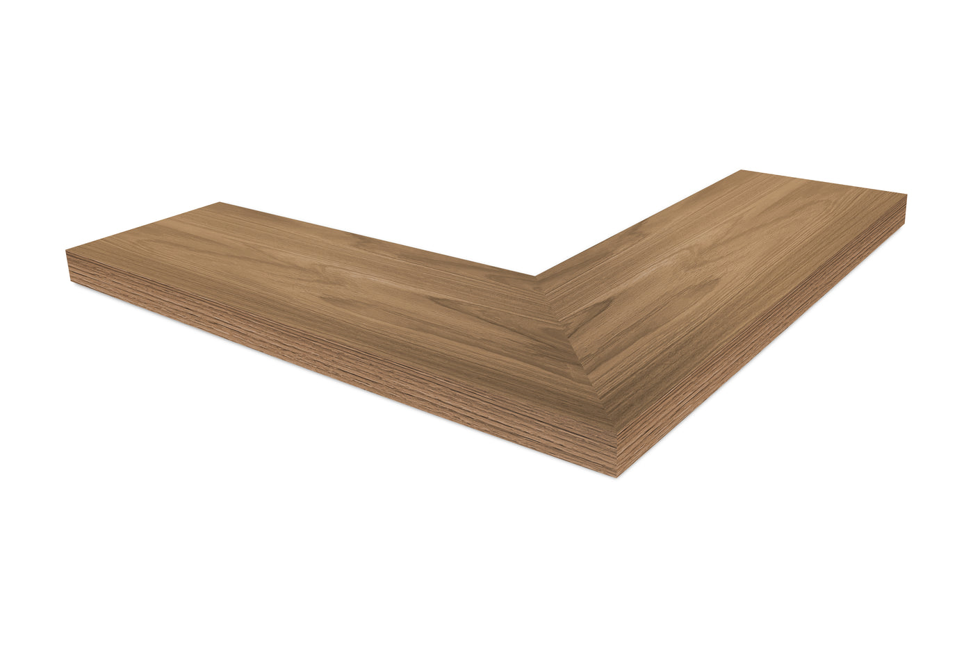 1.75 inch thick Teak mitered outside corner floating shelf front view