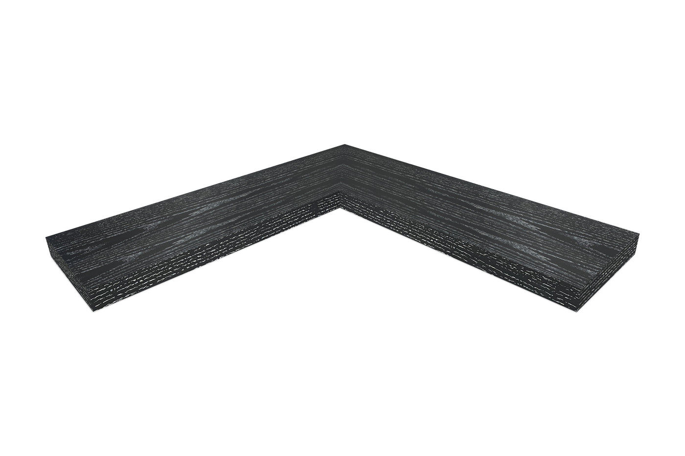 1.75 inch thick ebonized cerused oak mitered inside corner floating shelf front view 