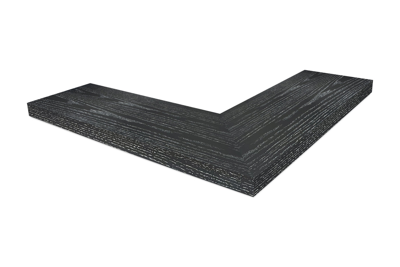 1.75 inch thick ebonized cerused oak mitered outside corner floating shelf front view 