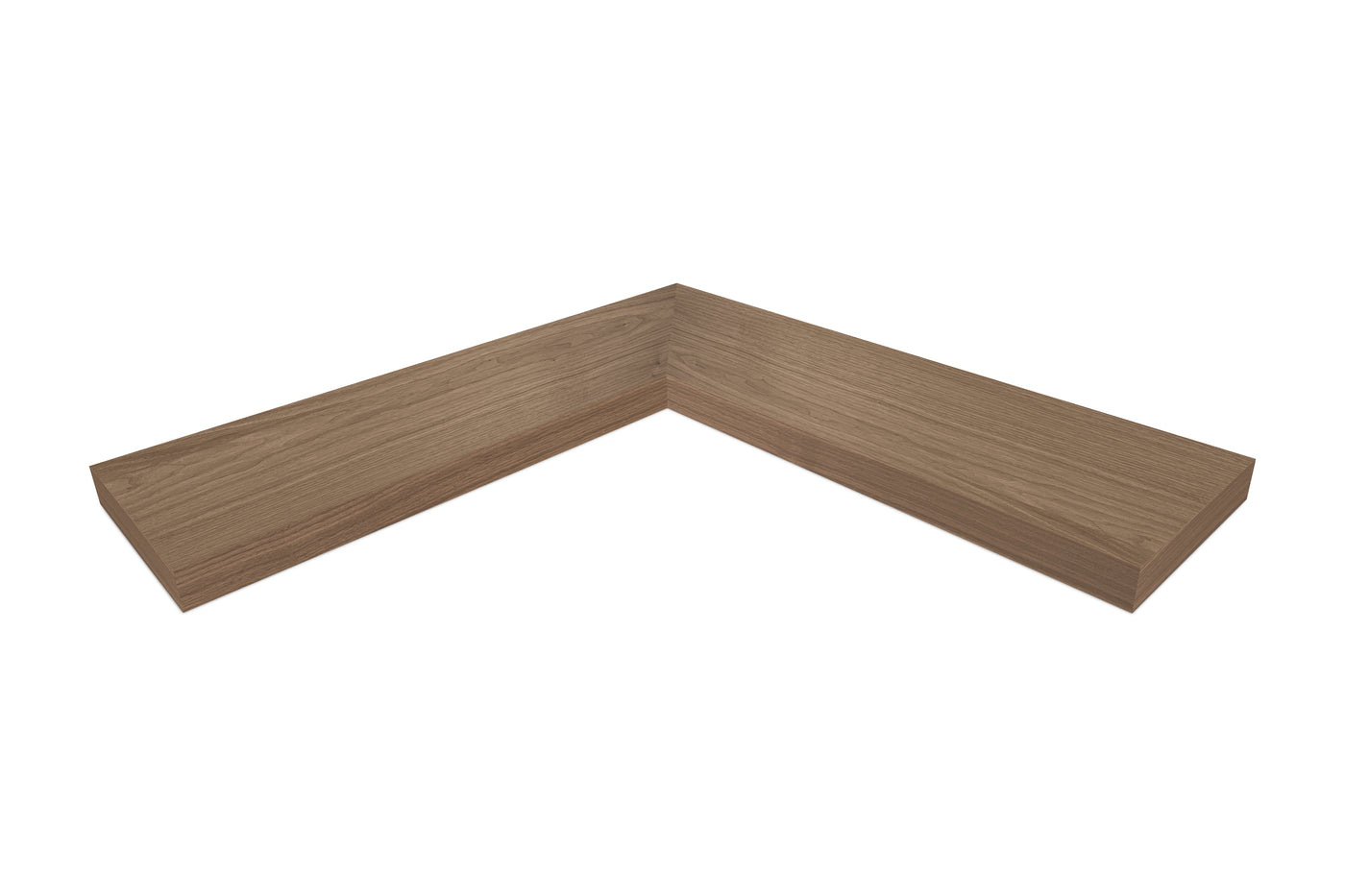 1.75 inch thick walnut mitered inside corner floating shelf front view