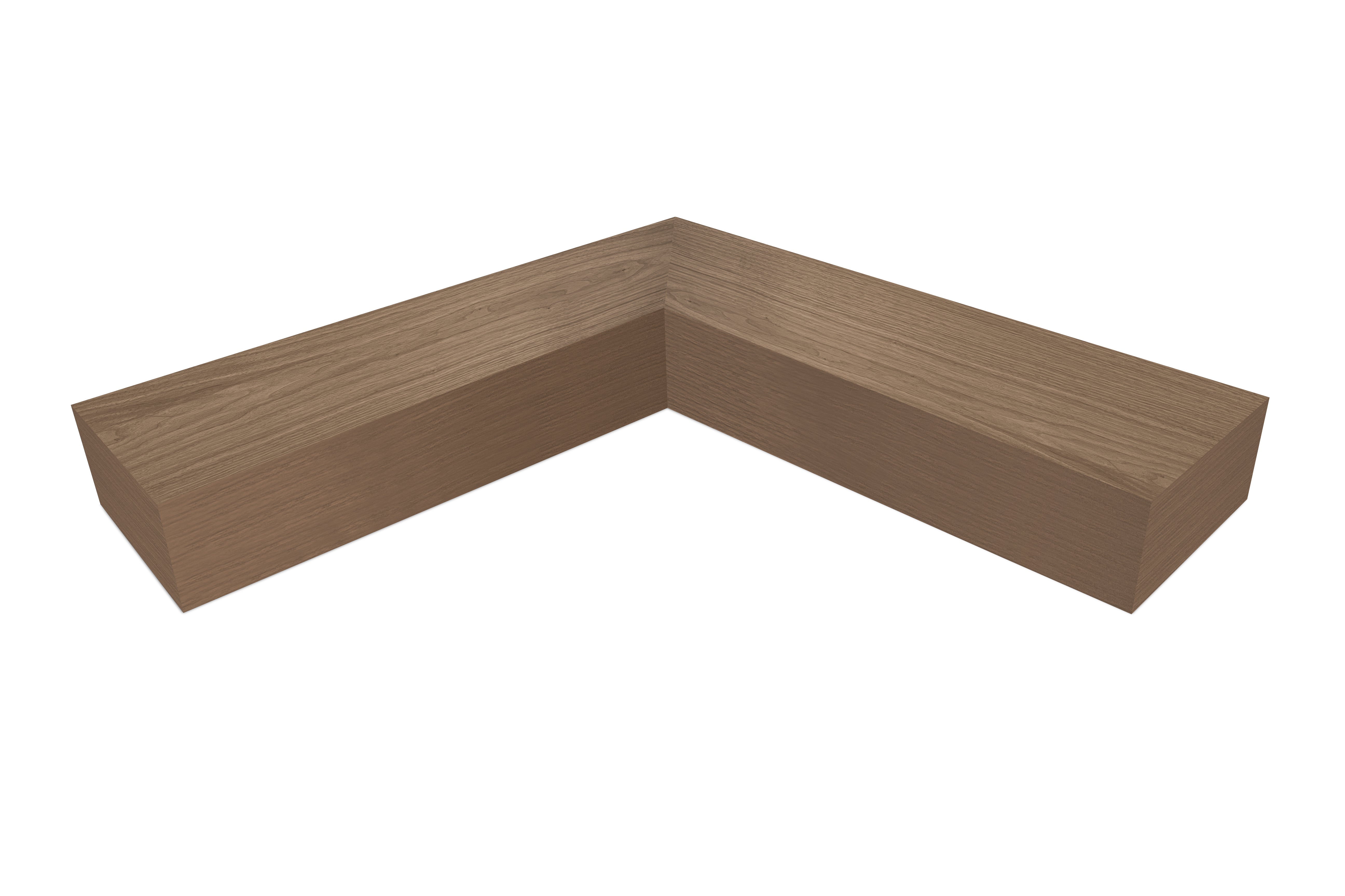 3 inch thick Walnut mitered inside corner floating shelf front view 