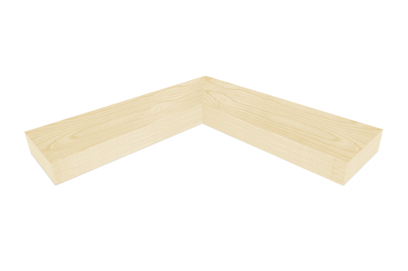 4 inch thick Ash wood mitered inside corner floating shelf front view 