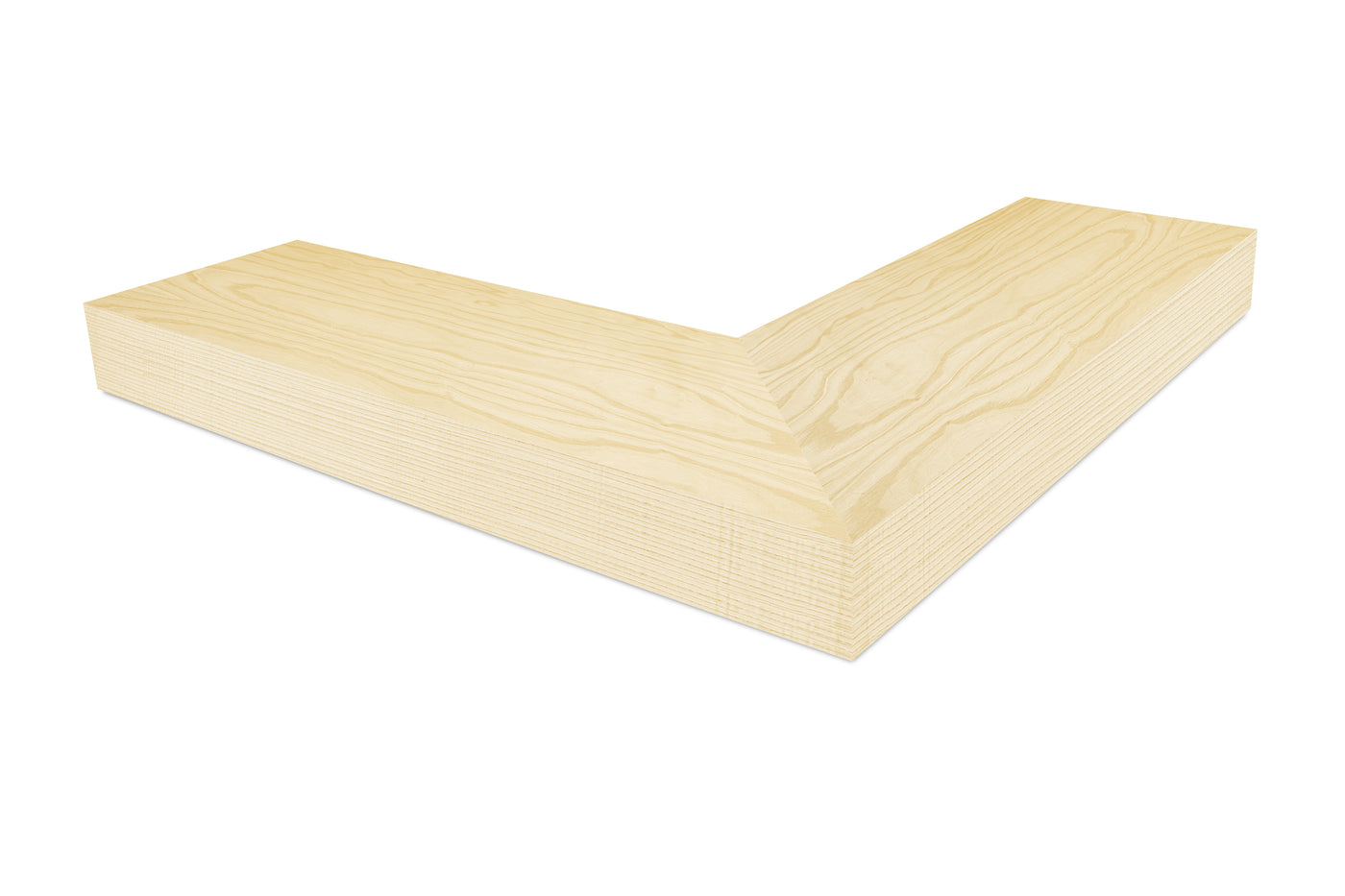 4 inch thick Ash wood mitered outside corner floating shelf front view 