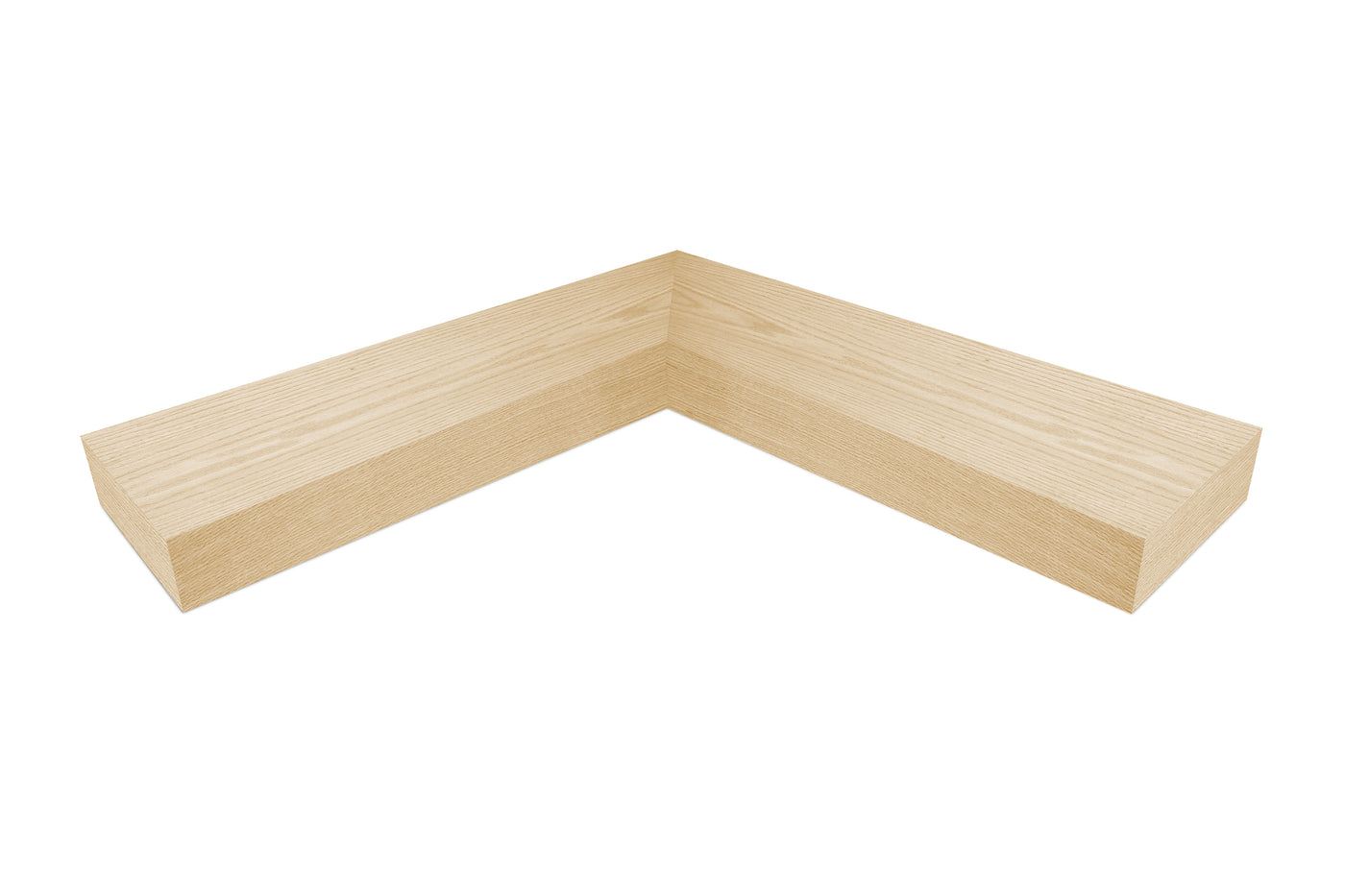 4 inch thick Bleached oak mitered inside corner floating shelf front view 